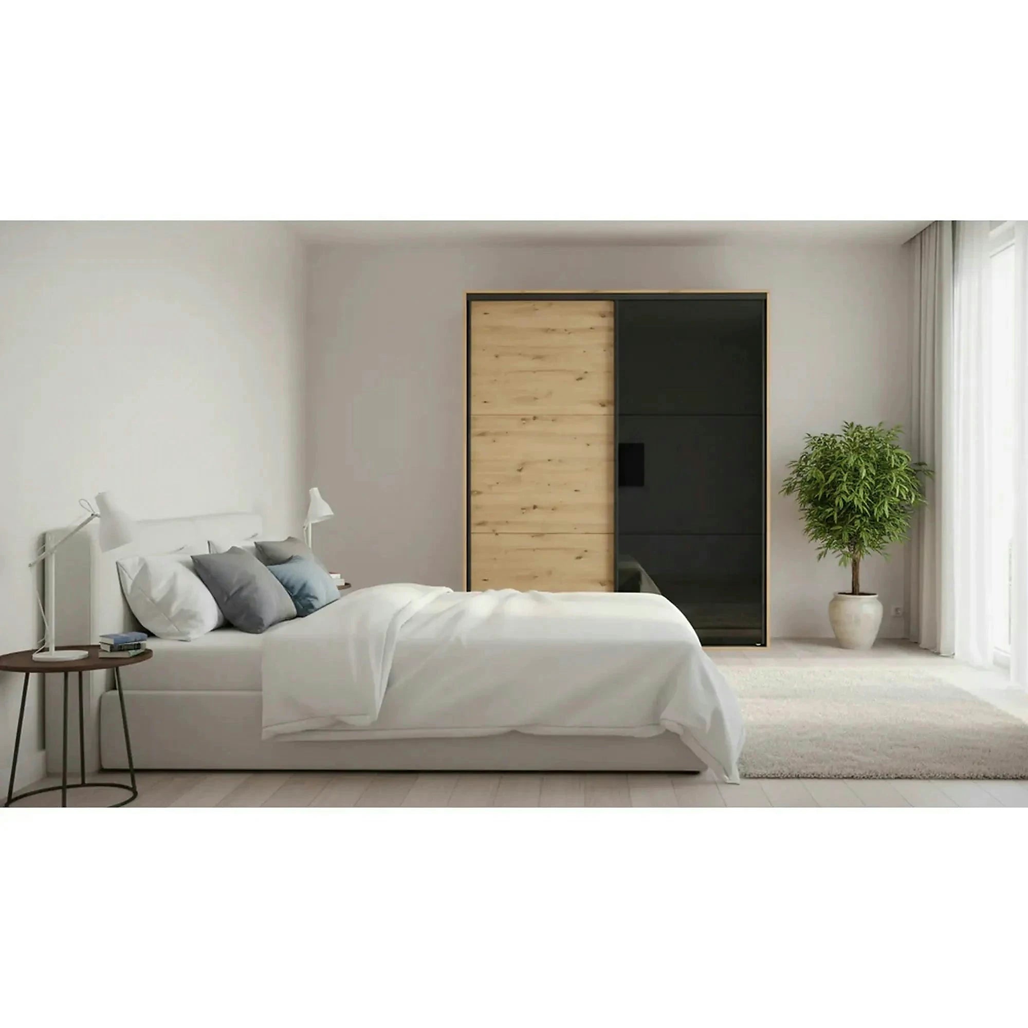 Dulap FLEX, stejar artisan/negru lucios, PAL, cu 2 usi glisante, 180x66x218 cm