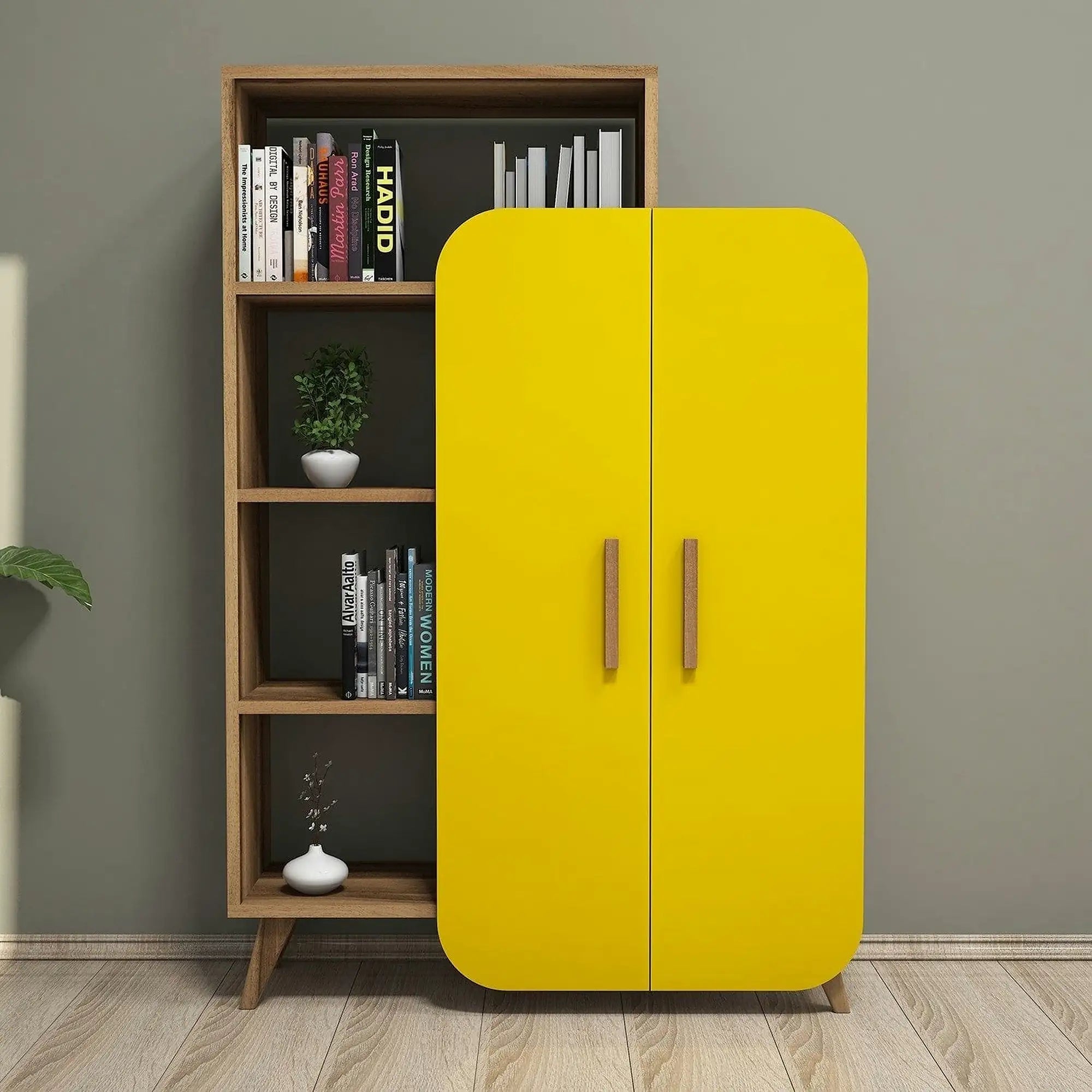 Dulap FORM, nuc/galben, PAL melaminat, cu 2 usi, 90x32x132 cm
