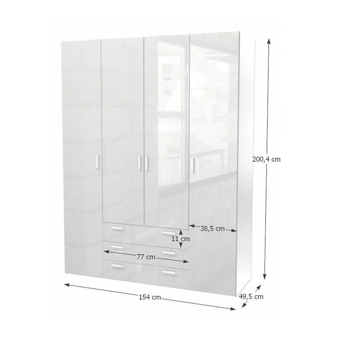 Dulap GWEN 70429, alb, PAL, cu 4 usi si 3 sertare, 154x50x200 cm