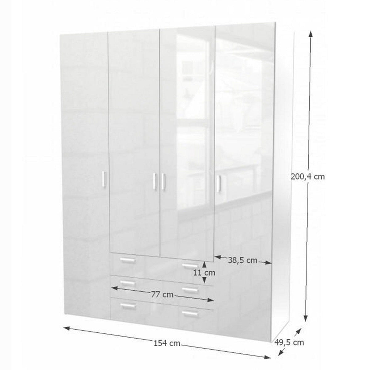 Dulap GWEN 70429, alb, PAL, cu 4 usi si 3 sertare, 154x50x200 cm