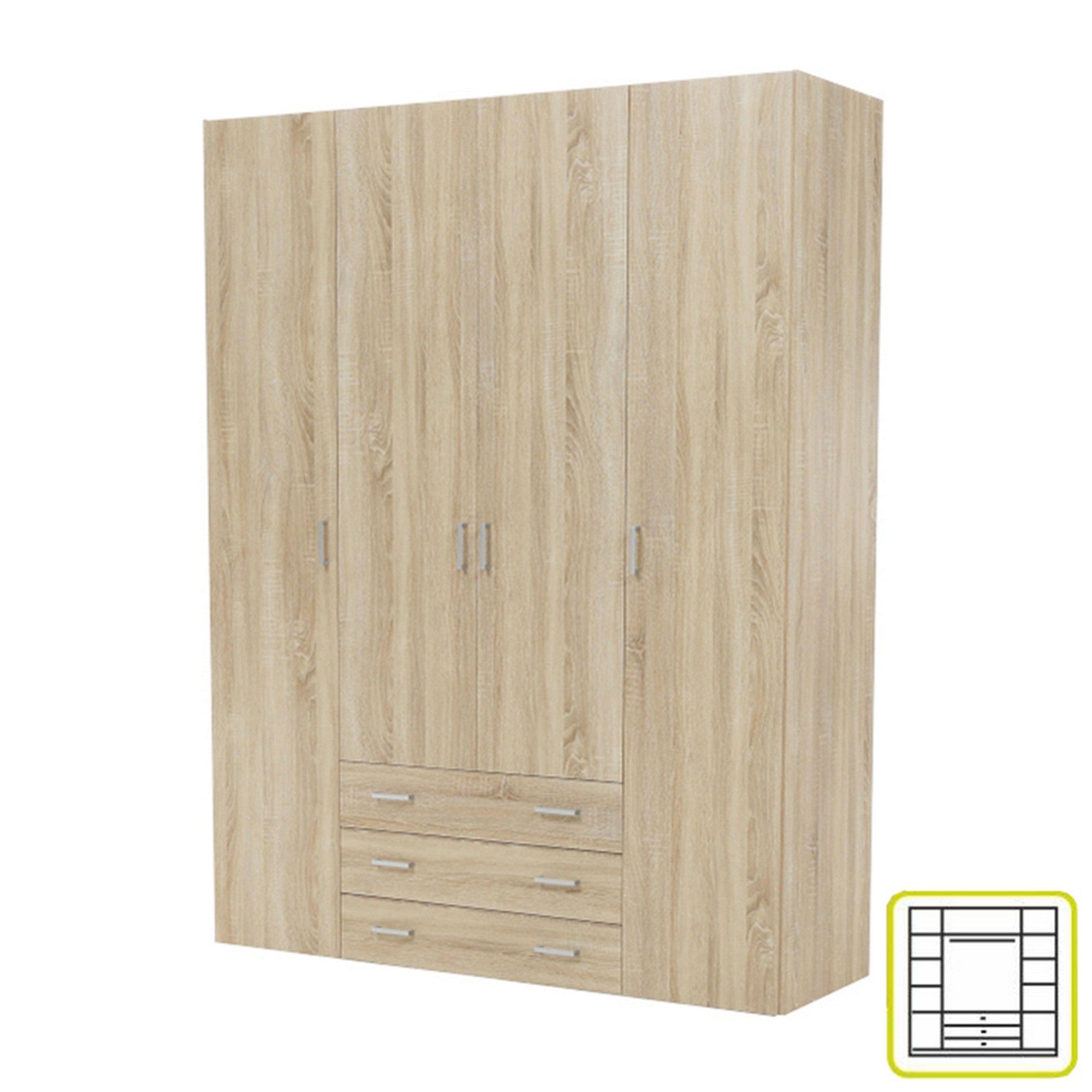 Dulap GWEN 70429, stejar sonoma, PAL, cu 4 usi si 3 sertare, 154x50x200 cm