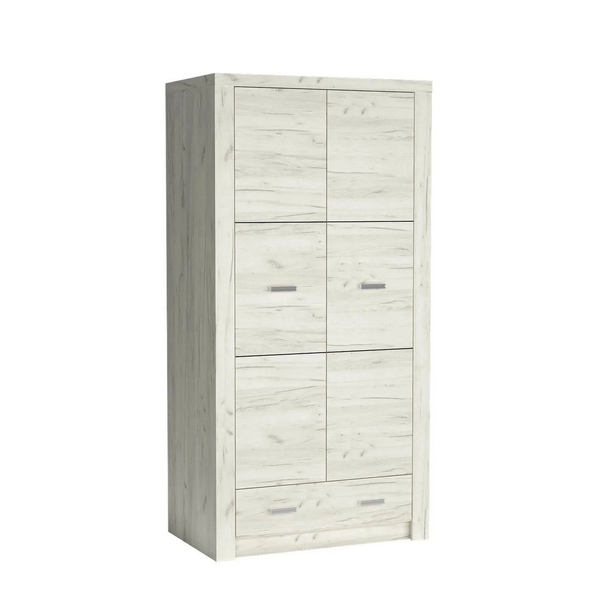 Dulap INDIANAPOLIS I1, stejar craft alb, PAL laminat, cu 2 usi si un sertar, 96x58x192 cm