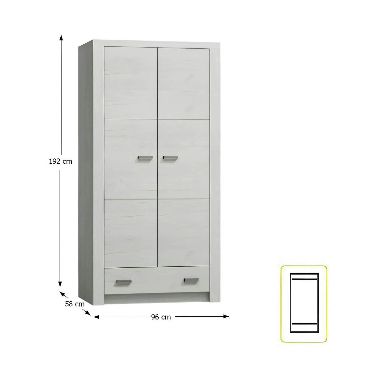 Dulap INFINITY I-01, frasin alb, PAL melaminat, cu 2 usi si un sertar, 96x58x192 cm