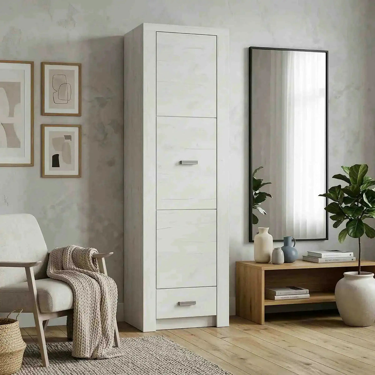Dulap INFINITY I-02, frasin alb, PAL melaminat, cu o usa si un sertar, 56x58x192 cm