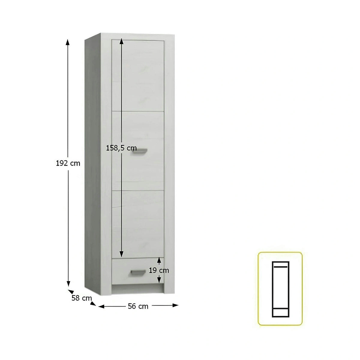 Dulap INFINITY I-02, frasin alb, PAL melaminat, cu o usa si un sertar, 56x58x192 cm