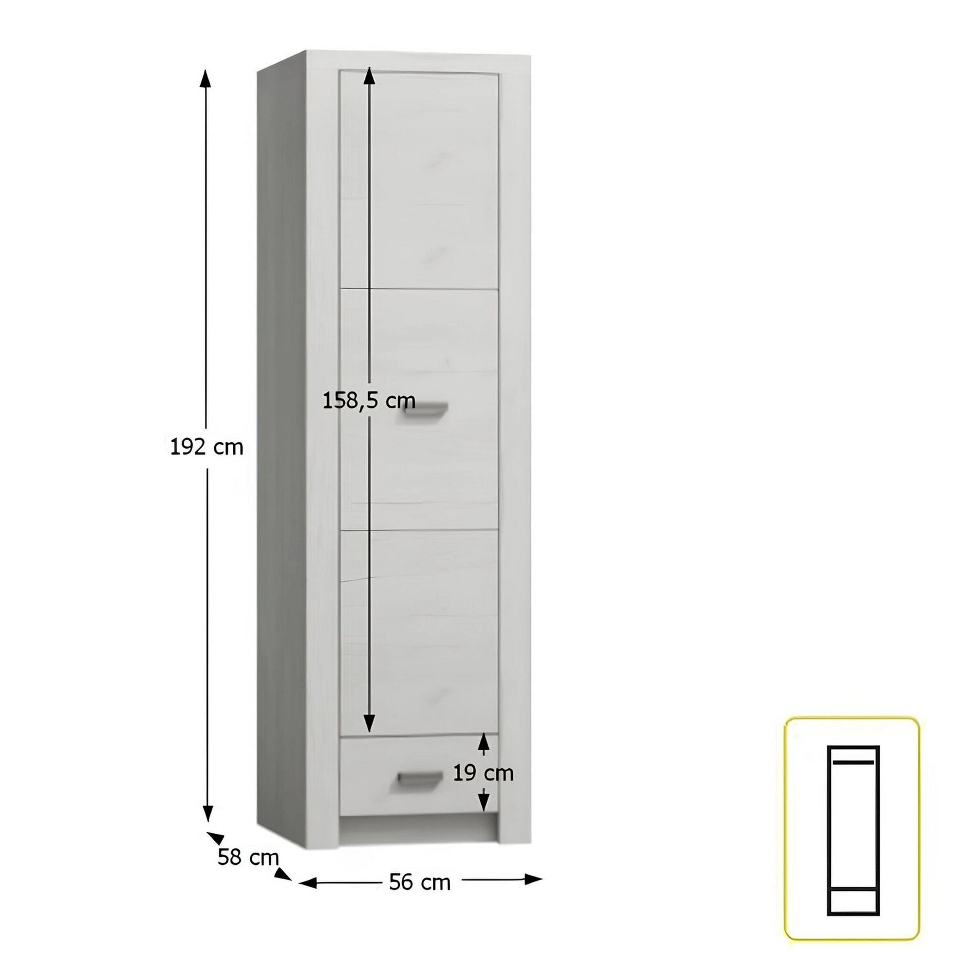 Dulap INFINITY I-02, frasin alb, PAL melaminat, cu o usa si un sertar, 56x58x192 cm