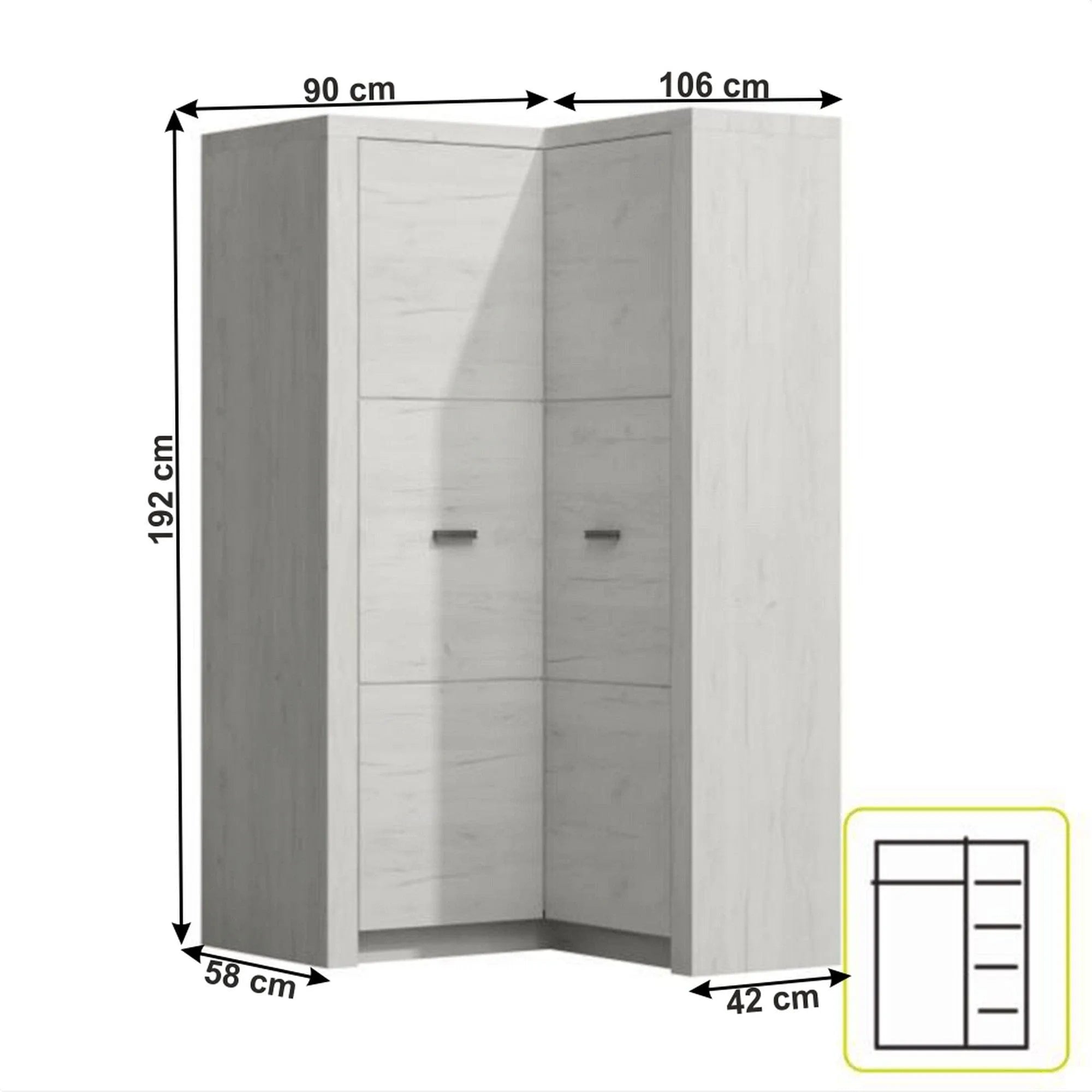 Dulap INFINITY I-14, frasin alb, PAL melaminat, cu 2 usi, 90/106x58/42x192 cm