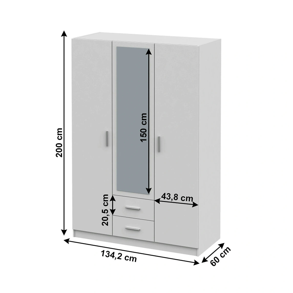 Dulap INVITA Tip 2, alb, PAL melaminat, cu 3 usi si 2 sertare, 134x60x200 cm