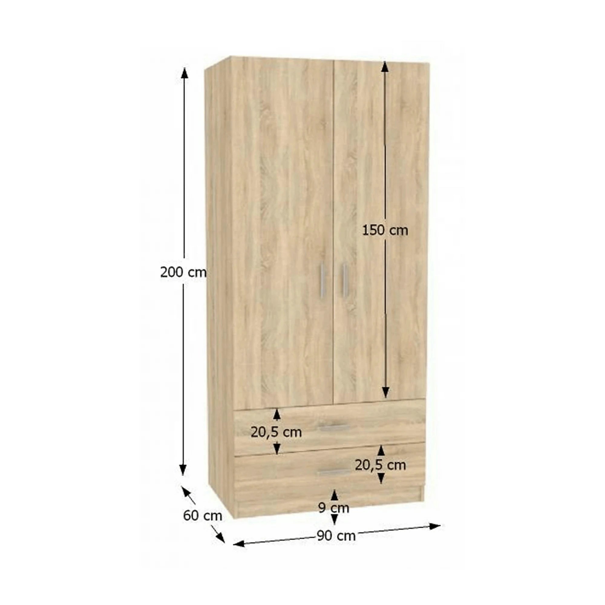 DULAP INVITA Tip 5, stejar sonoma, PAL melaminat, cu 2 usi si 2 sertare, 90x60x200 cm