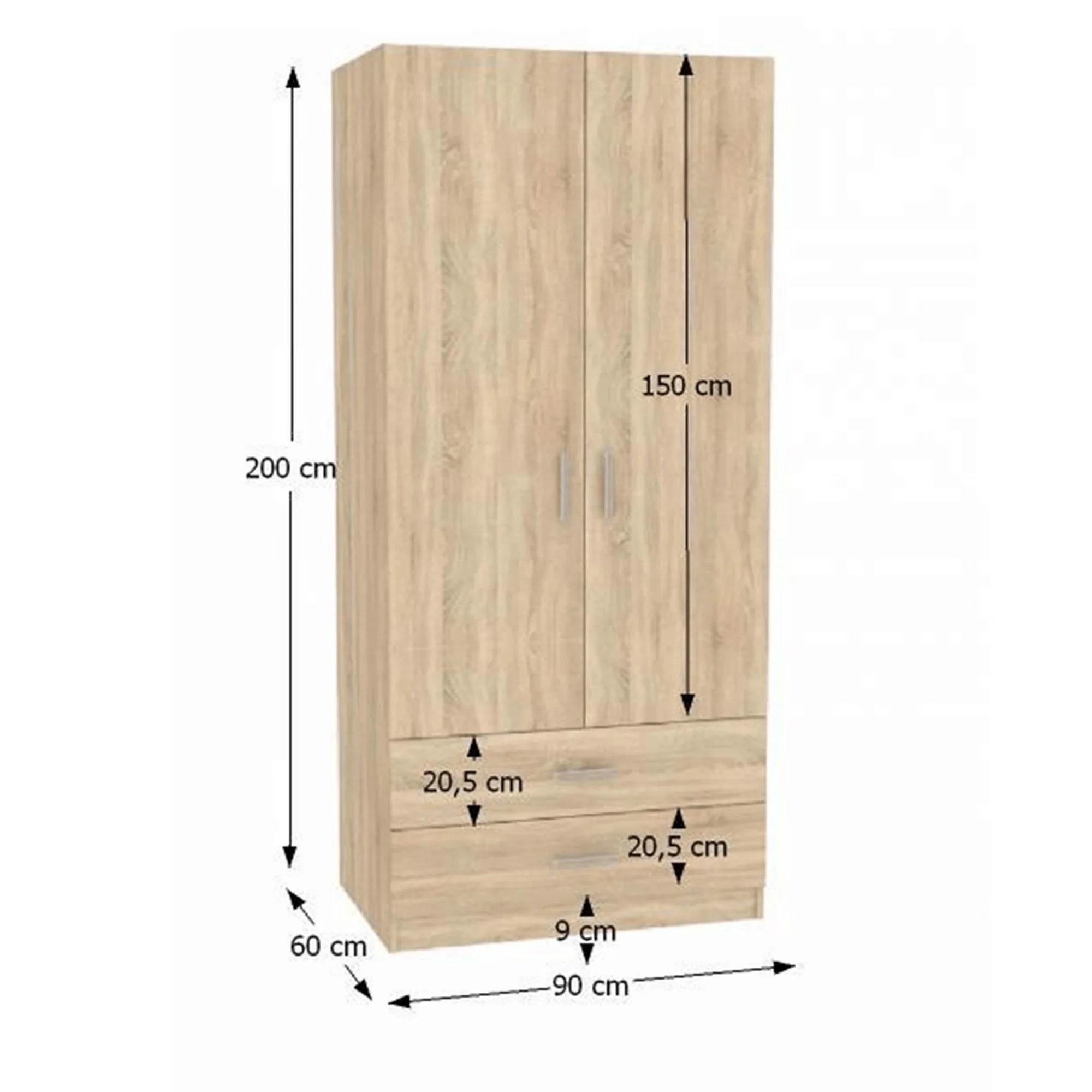 DULAP INVITA Tip 5, stejar sonoma, PAL melaminat, cu 2 usi si 2 sertare, 90x60x200 cm