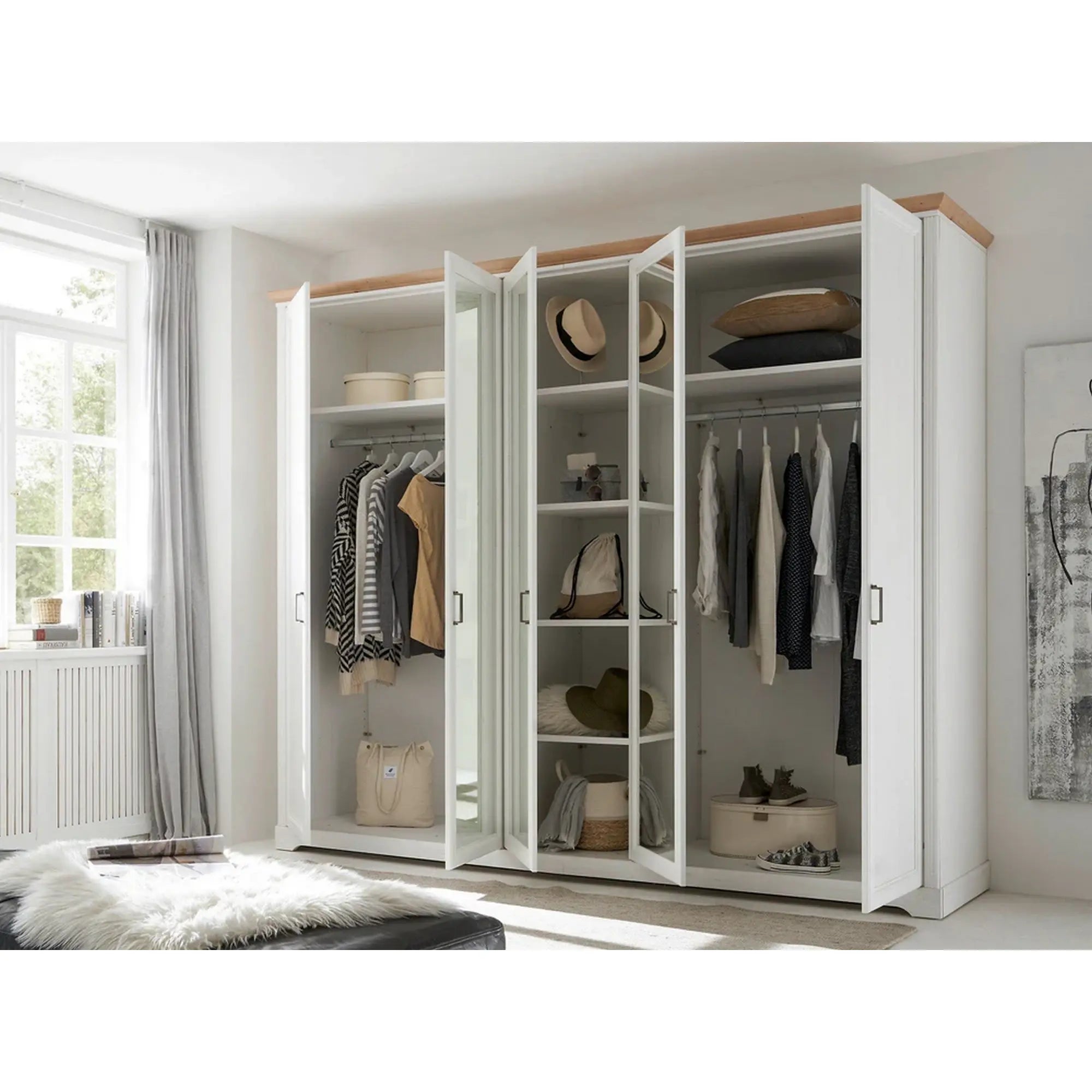 Dulap JASMIN, alb/stejar artisan, PAL, cu 5 usi, 264x64x220 cm