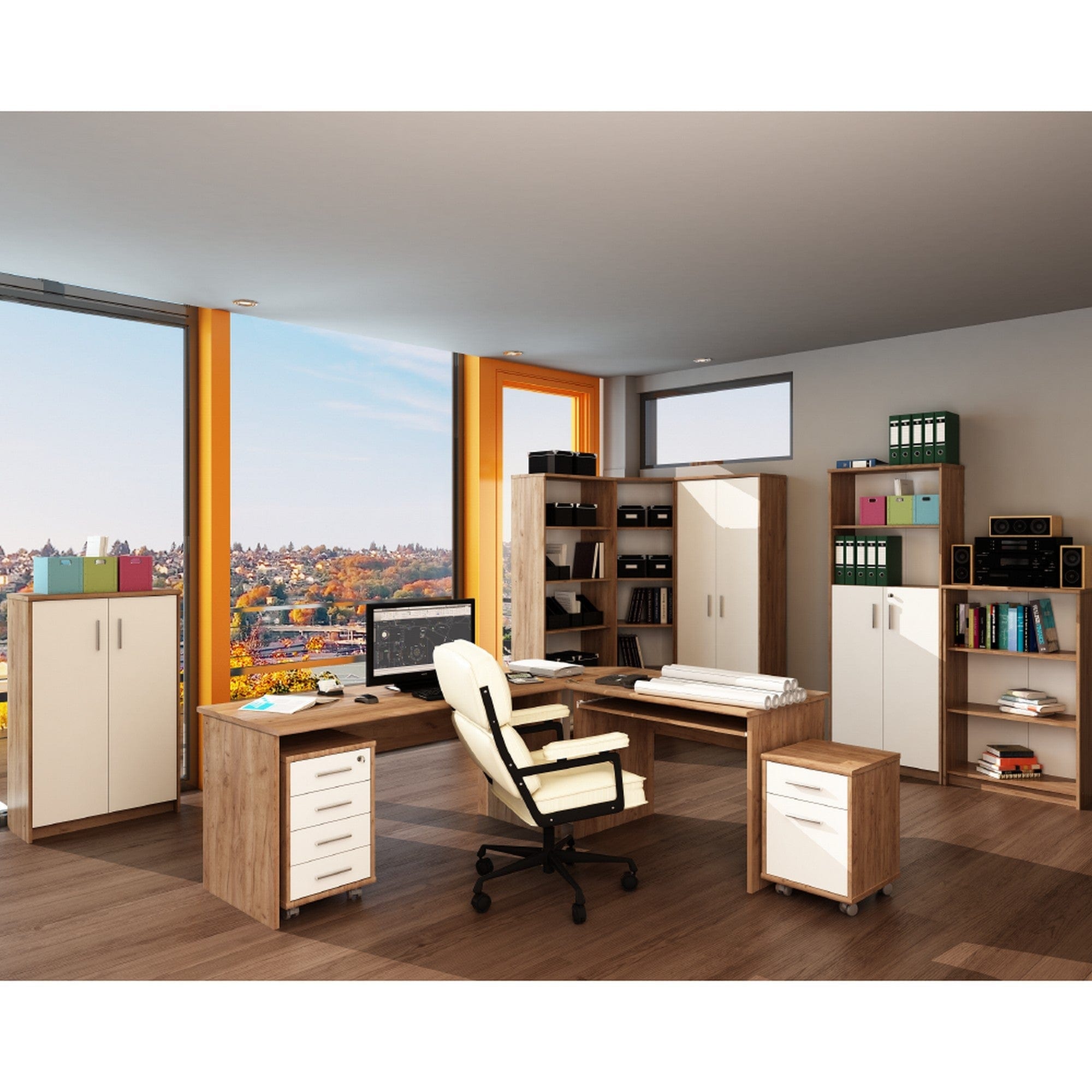 Dulap JOHAN 2 NEW 13, alb/stejar inchis, DTD laminat, cu 2 usi, 73x34x116 cm