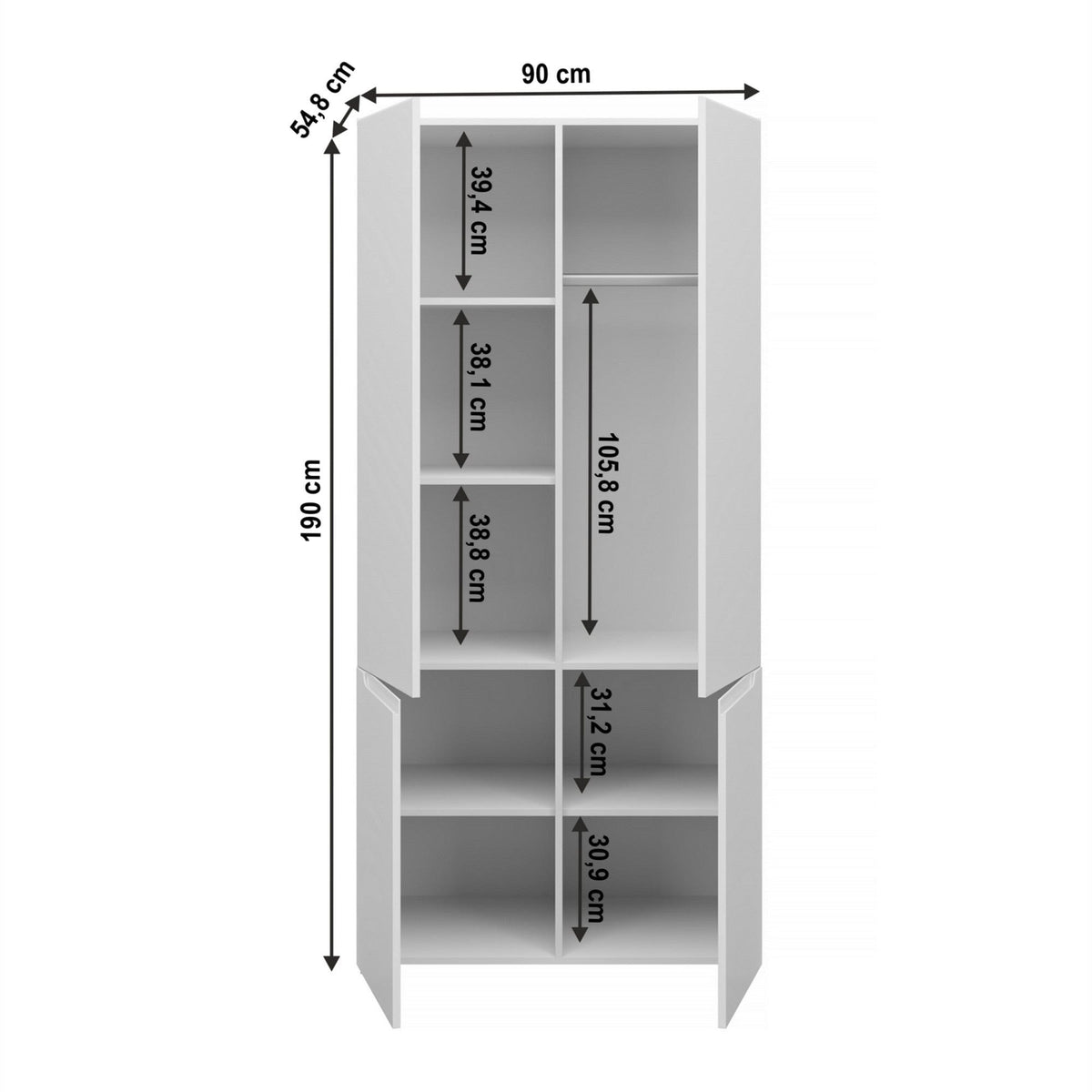 Dulap JOLK, alb lucios, DTD laminat, cu 4 usi, 90x55x190 cm