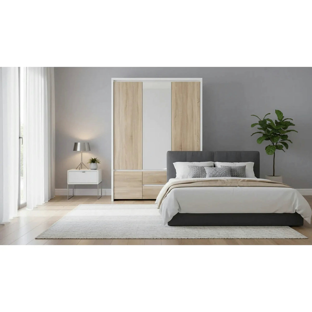 Dulap KASPIAN, stejar sonoma/alb, PAL, cu 5 usi si 2 sertare, 154x56x211 cm
