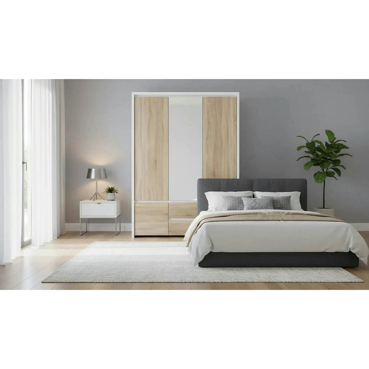 Dulap KASPIAN, stejar sonoma/alb, PAL, cu 5 usi si 2 sertare, 154x56x211 cm