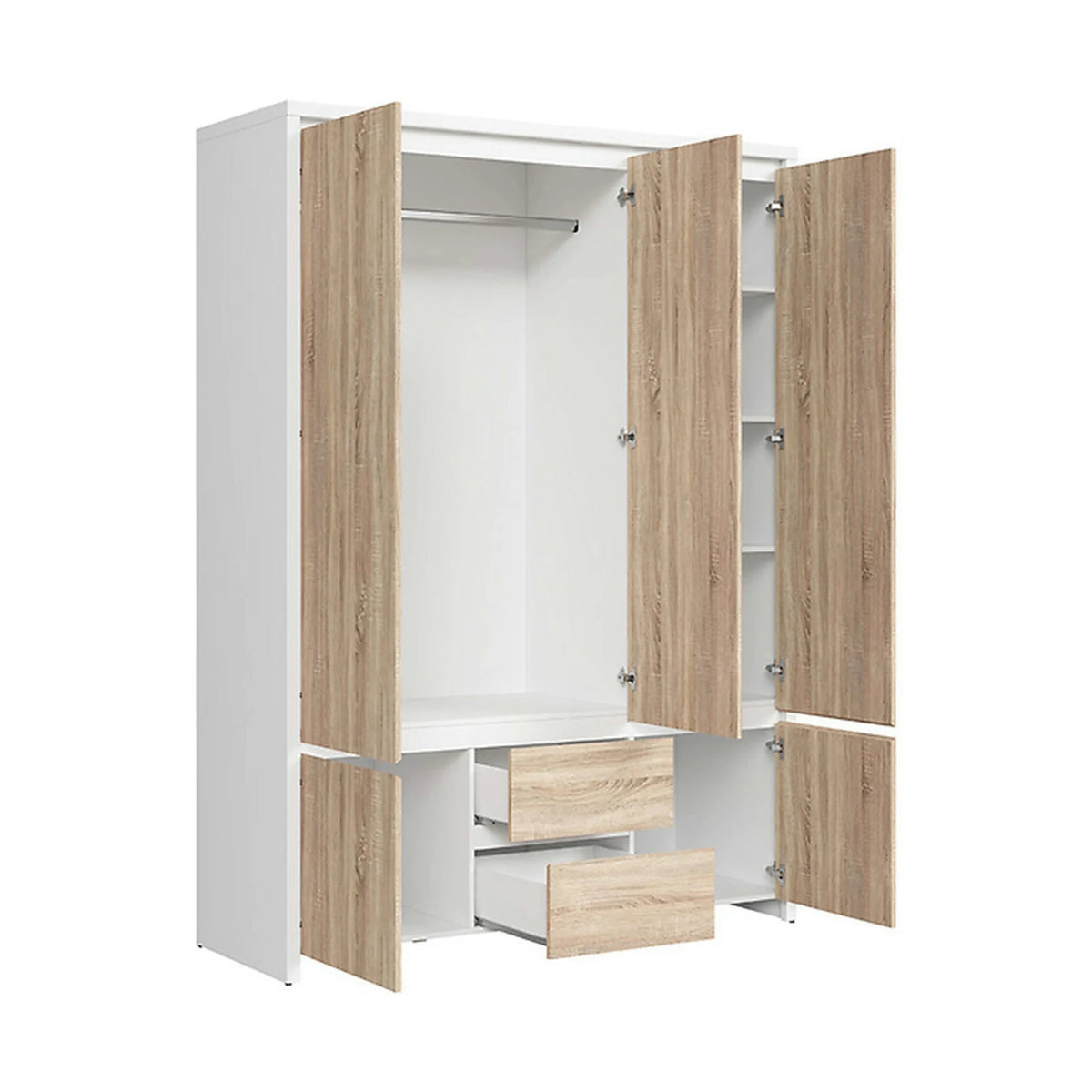 Dulap KASPIAN, stejar sonoma/alb, PAL, cu 5 usi si 2 sertare, 154x56x211 cm