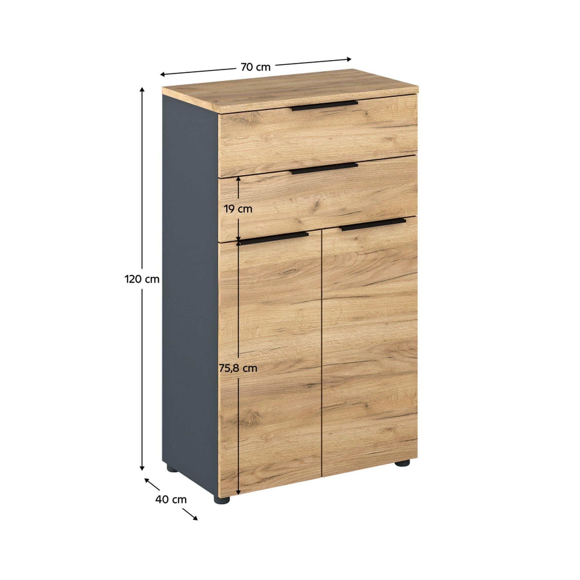 Dulap KLAUDIUS TIP 3, gri grafit/stejar artisan, cu 2 usi si 2 sertare, 70x40x120 cm
