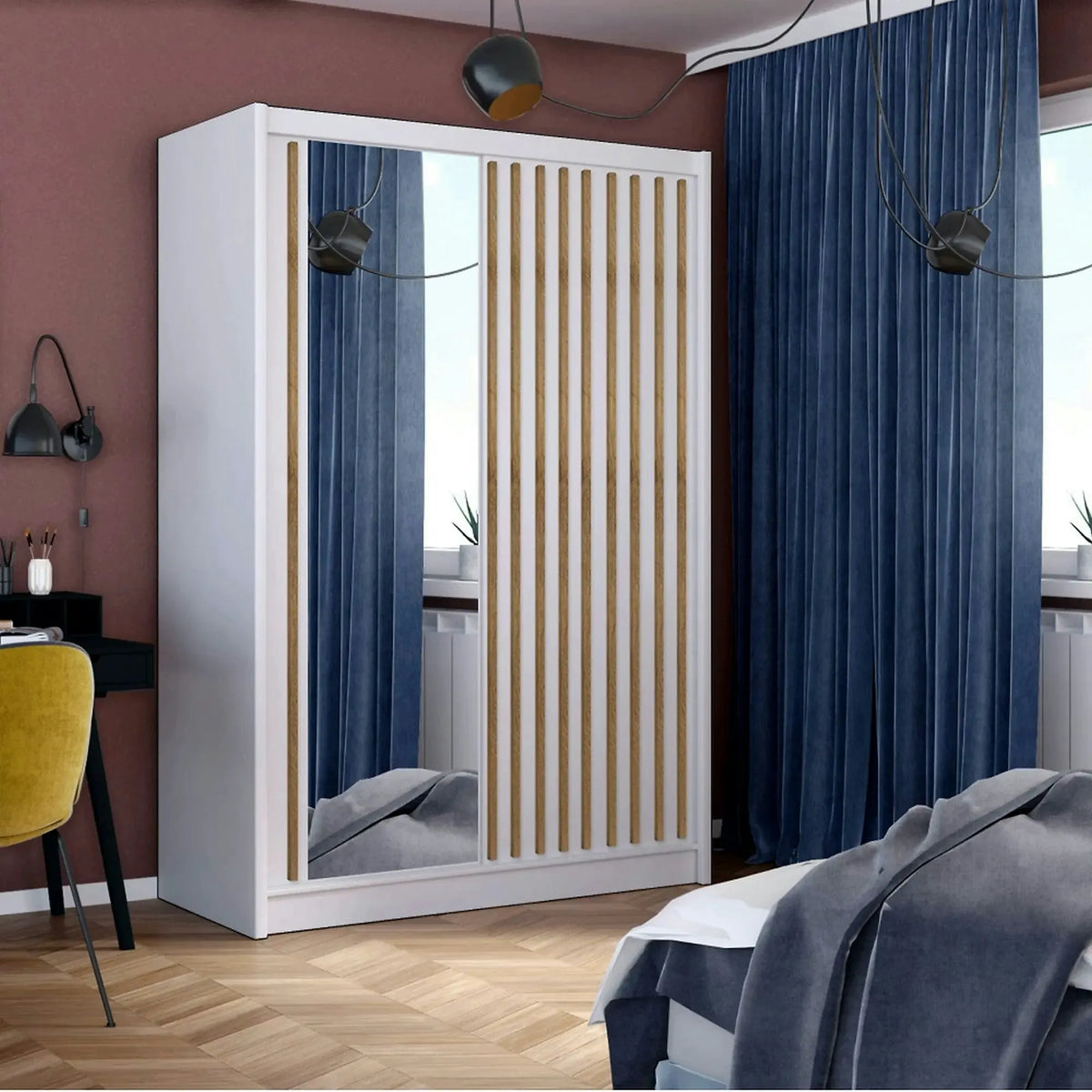 Dulap LADDER, alb/stejar craft, PAL melaminat/sticla, cu 2 usi, 150x61x215 cm