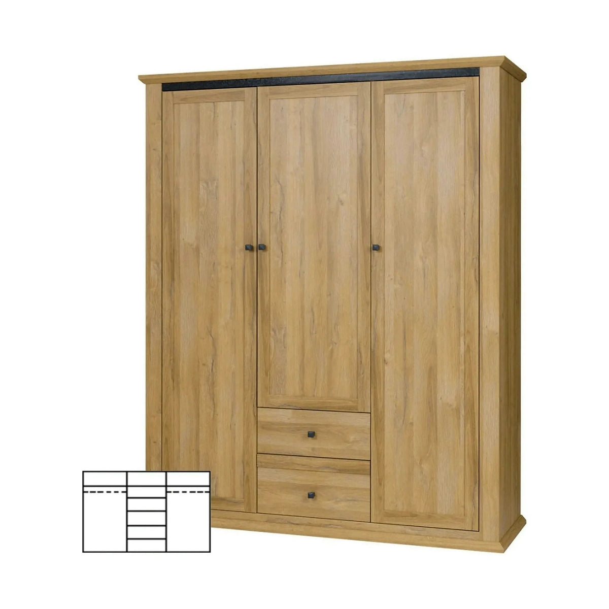 Dulap LEON MZ3, stejar auriu, DTD laminat, cu 3 usi si 2 sertare, 165x54x200 cm