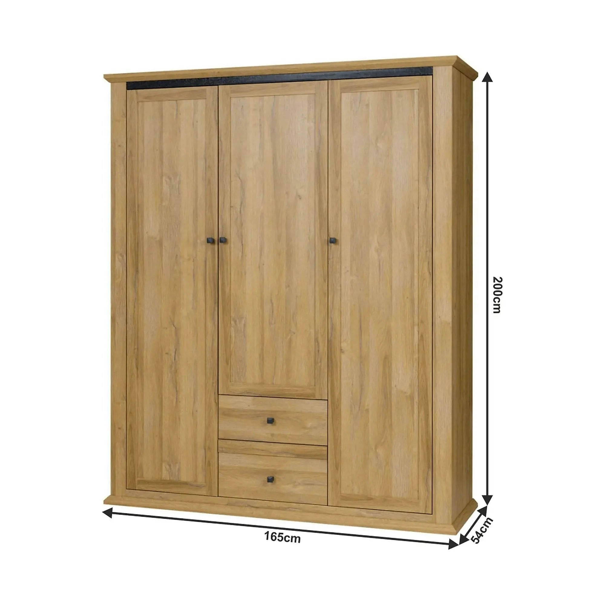 Dulap LEON MZ3, stejar auriu, DTD laminat, cu 3 usi si 2 sertare, 165x54x200 cm