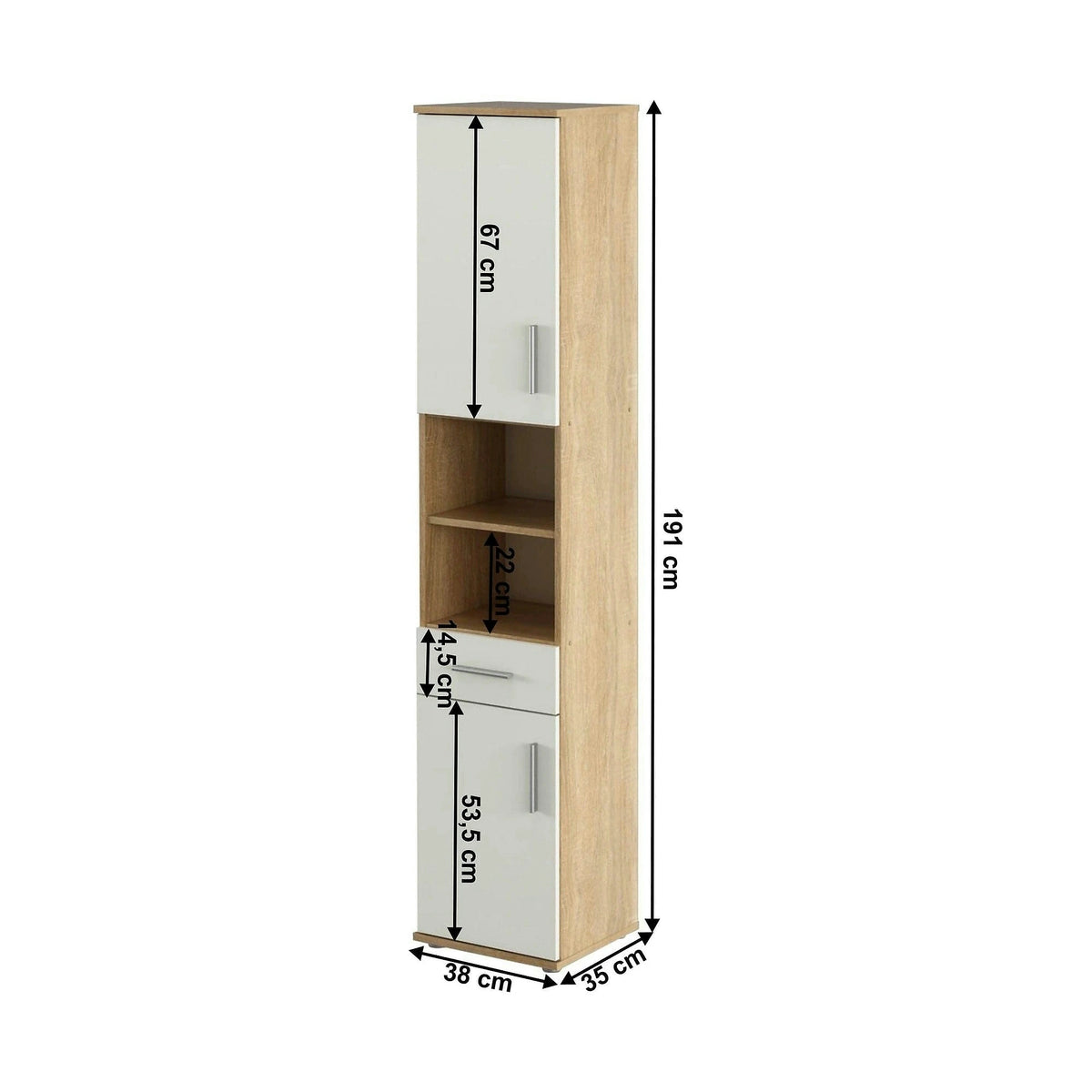 Dulap LESSY NEW 05, stejar sonoma/alb mat, DTD laminat, cu 2 usi si un sertar, 38x35x191 cm