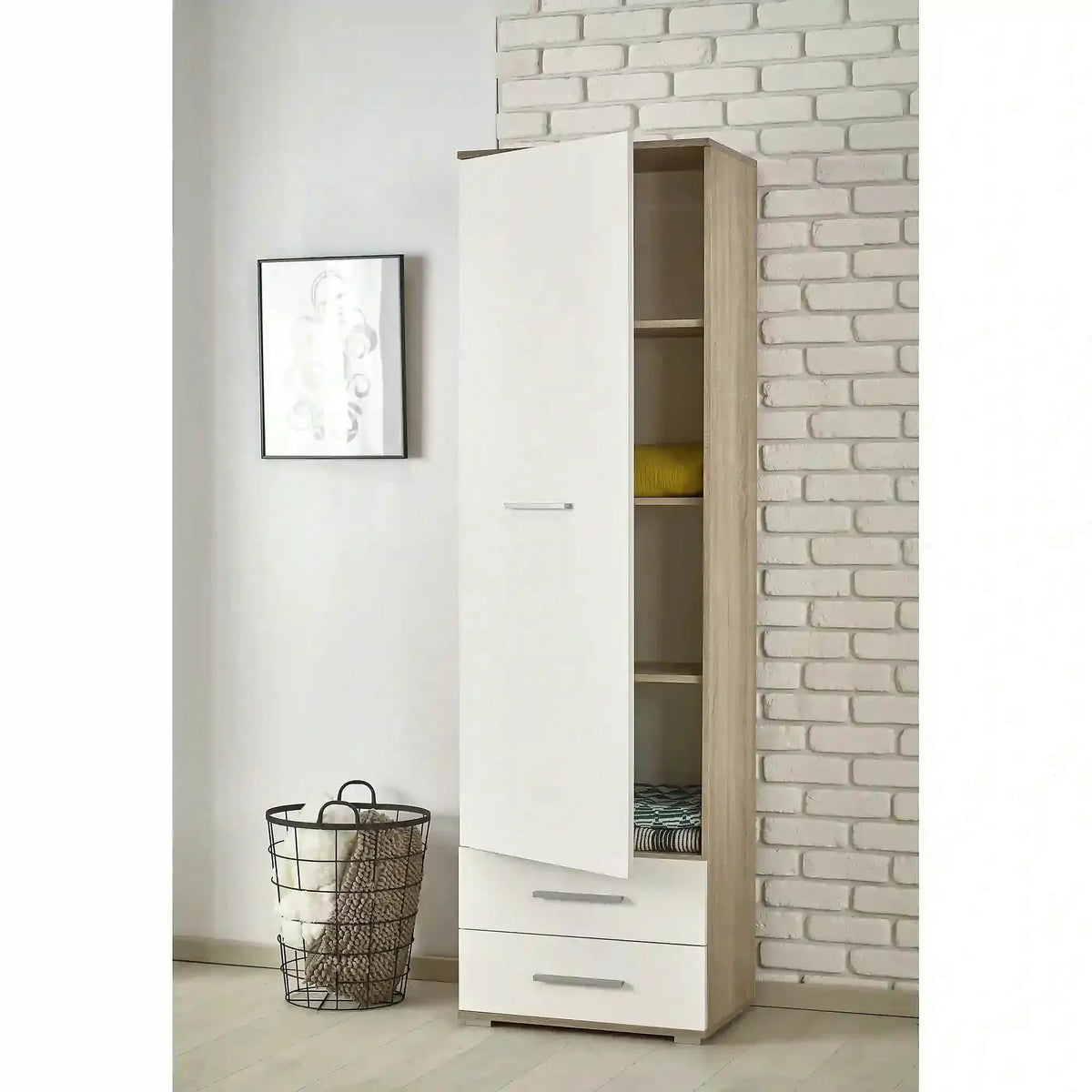 Dulap LIMA REG1, alb/stejar sonoma, PAL laminat, cu o usa si 2 sertare, 60x40x200 cm