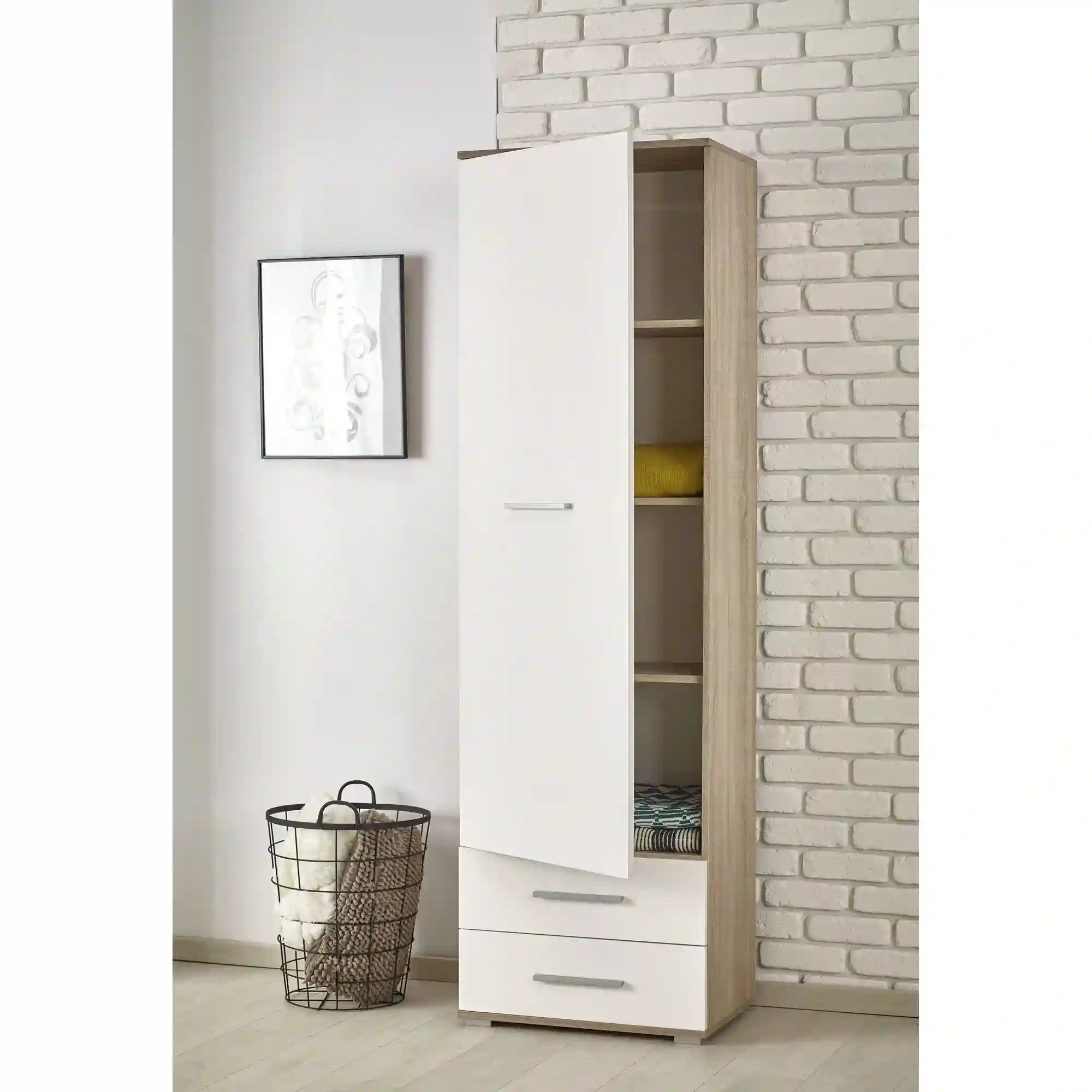 Dulap LIMA REG1, alb/stejar sonoma, PAL laminat, cu o usa si 2 sertare, 60x40x200 cm