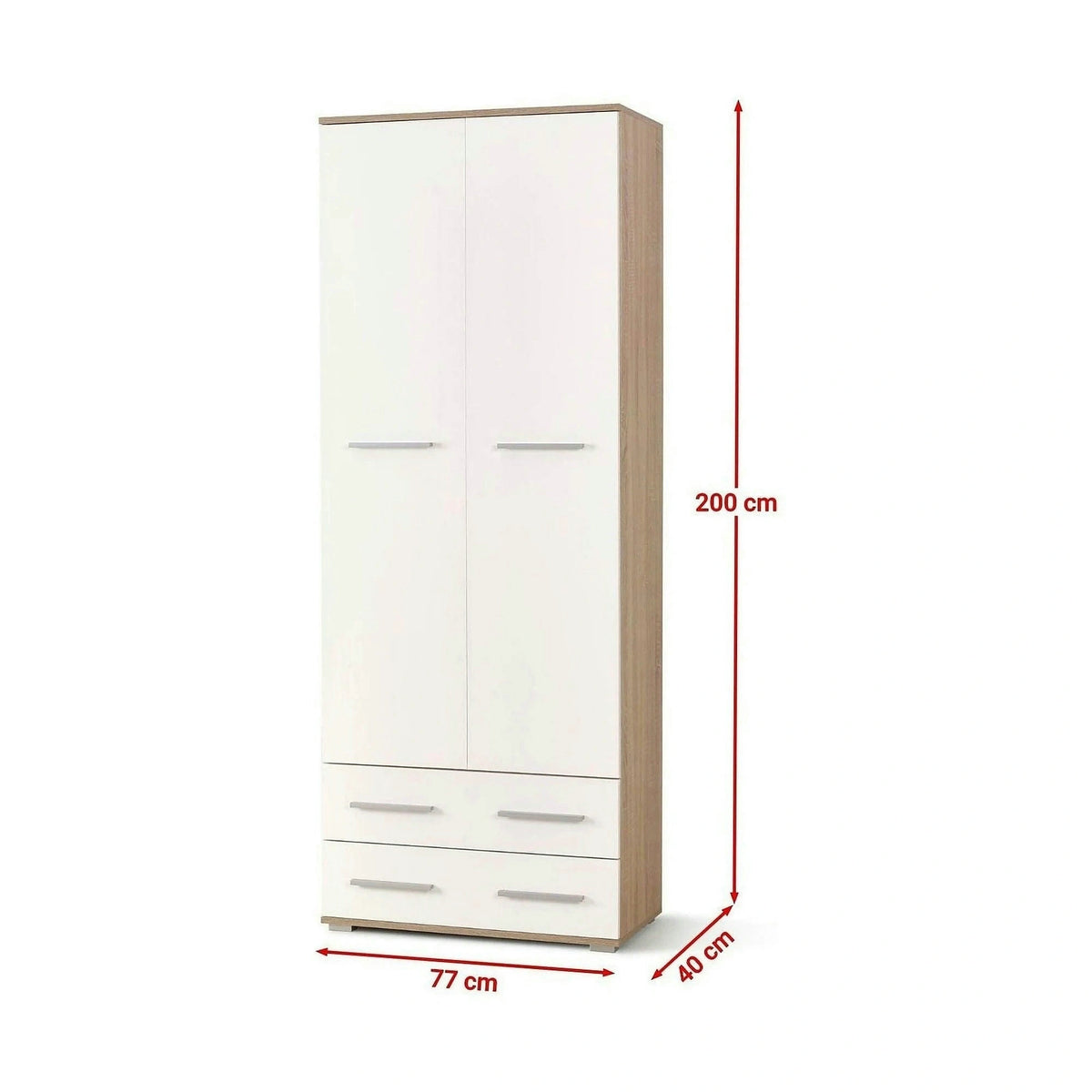 Dulap LIMA REG2, alb/stejar sonoma, PAL laminat, cu 2 usi si 2 sertare, 77x40x200 cm
