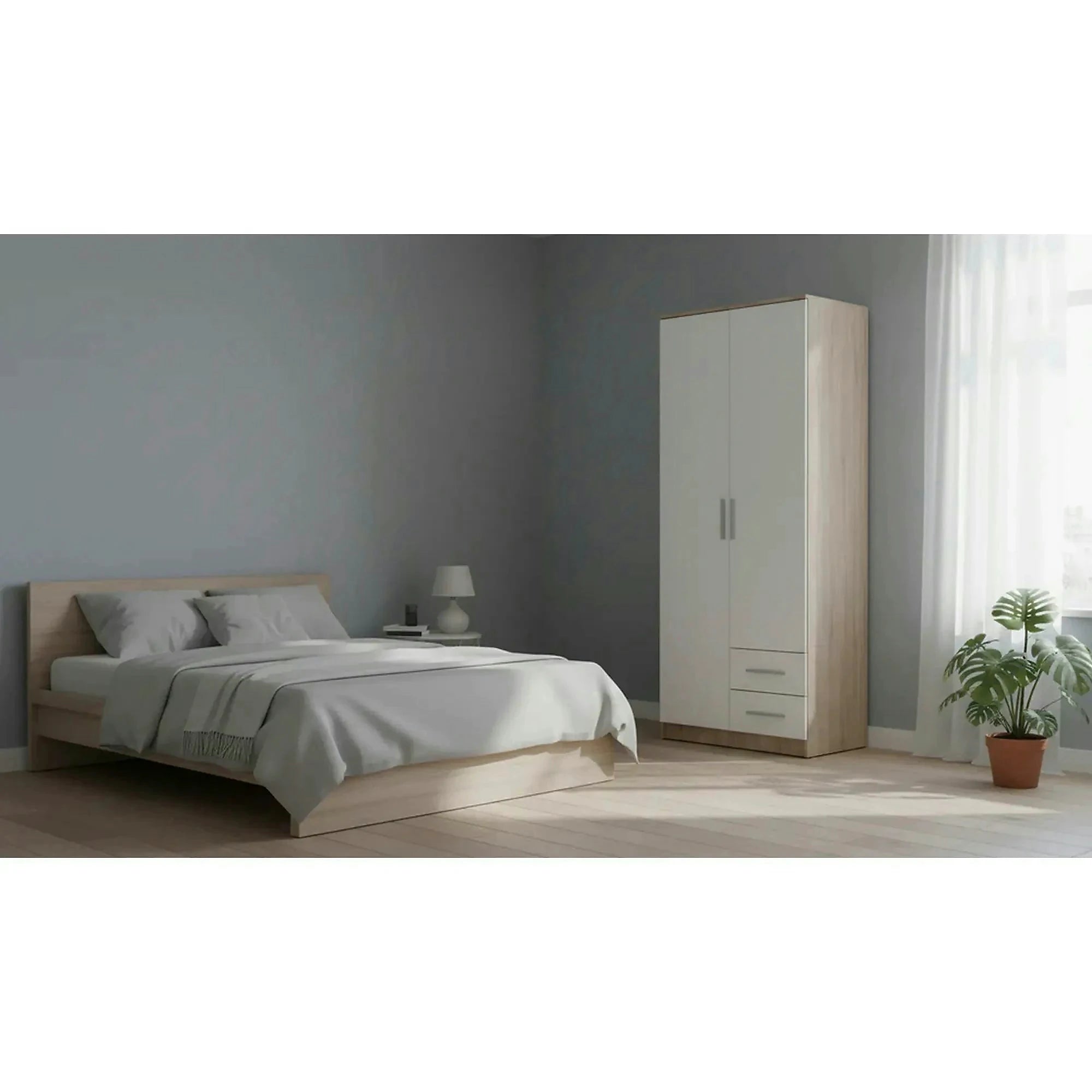 Dulap LIMA S-2, alb/stejar sonoma, PAL laminat, cu 2 usi si 2 sertare, 80x52x205 cm
