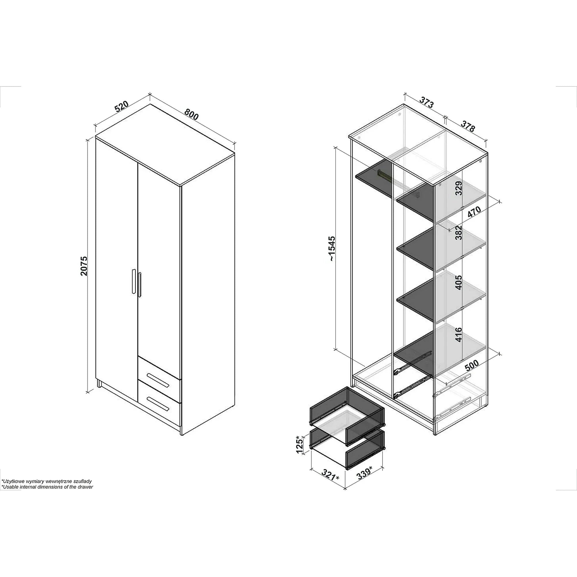 Dulap LIMA S-2, stejar sonoma, PAL laminat, cu 2 usi si 2 sertare, 80x52x205 cm
