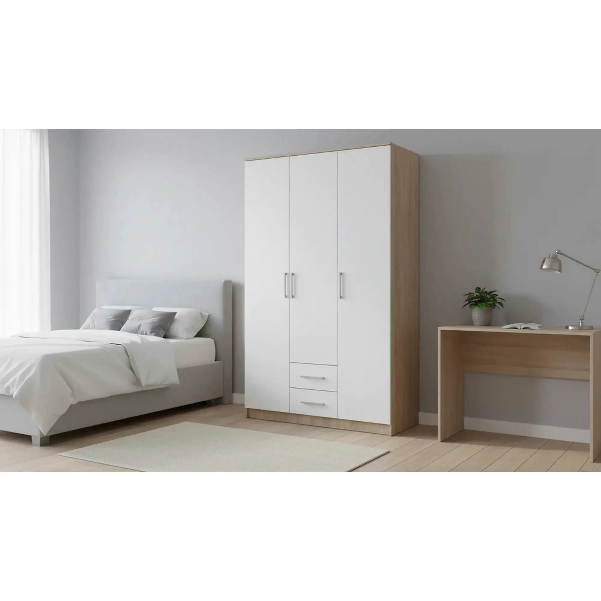 Dulap LIMA S-3, alb/stejar sonoma, PAL laminat, cu 3 usi si 2 sertare, 120x52x205 cm