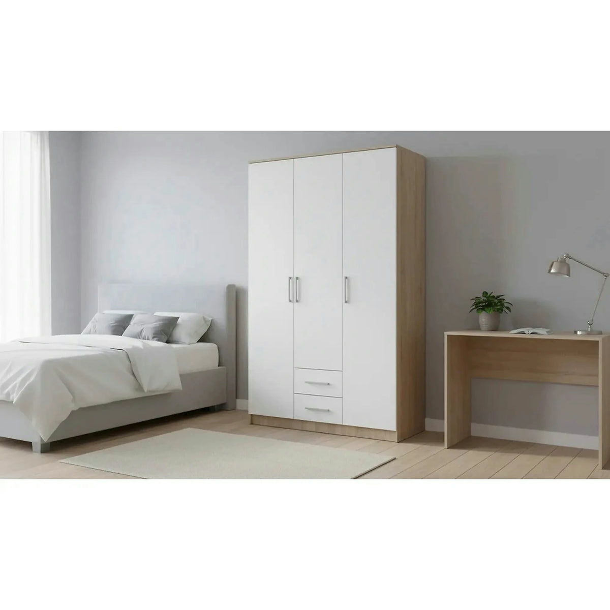 Dulap LIMA S-3, alb/stejar sonoma, PAL laminat, cu 3 usi si 2 sertare, 120x52x205 cm