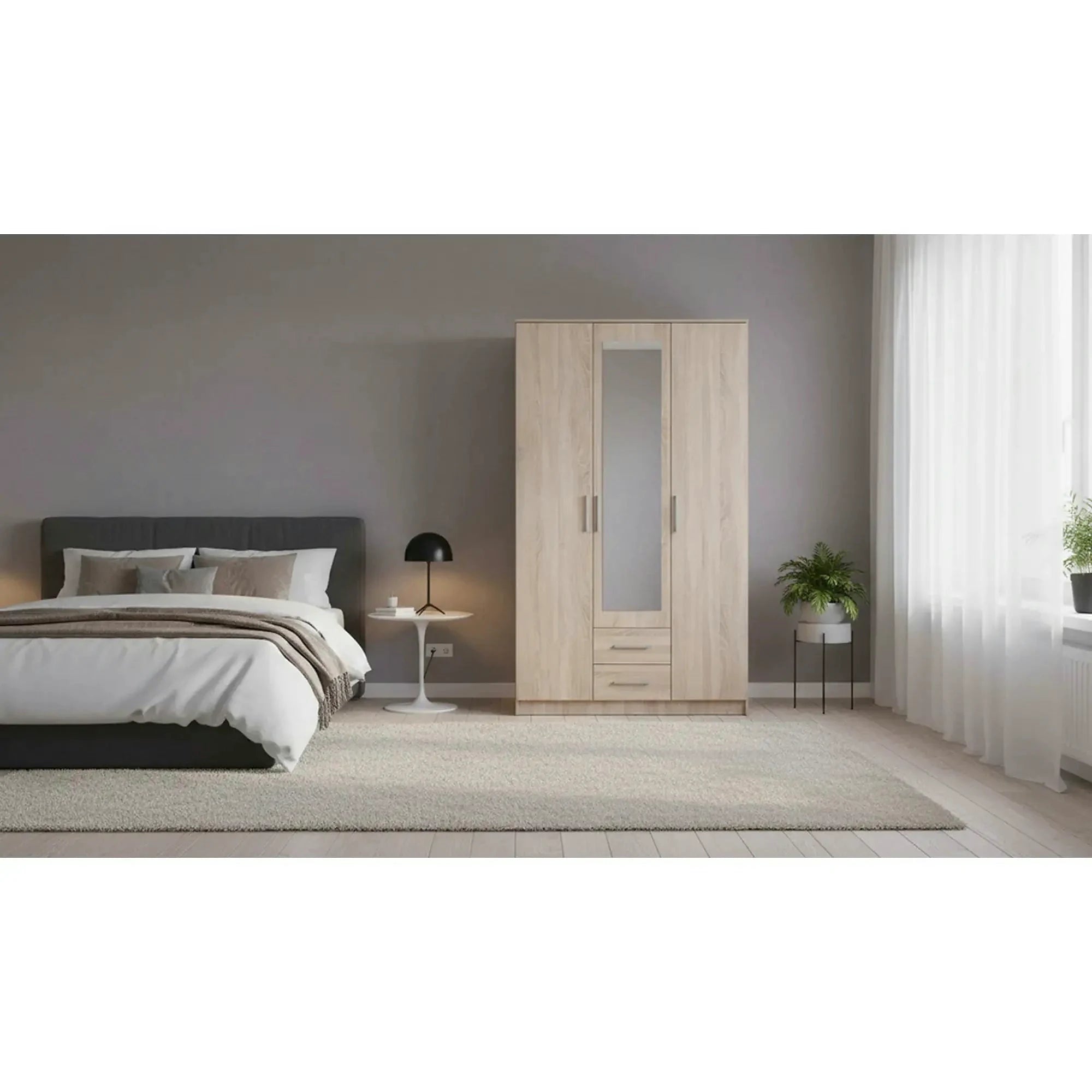 Dulap LIMA S-3, stejar sonoma, PAL laminat/sticla, cu 3 usi si 2 rafturi, 120x52x205 cm