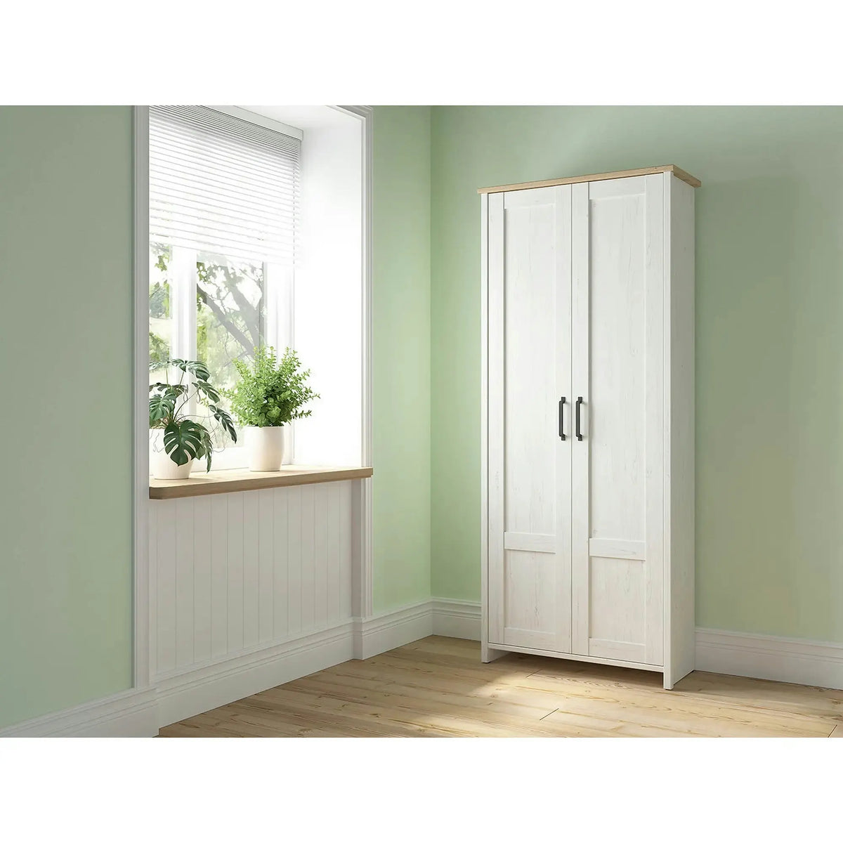 Dulap LOKSA, alb/stejar, PAL laminat, cu 2 usi, 102x57x201 cm