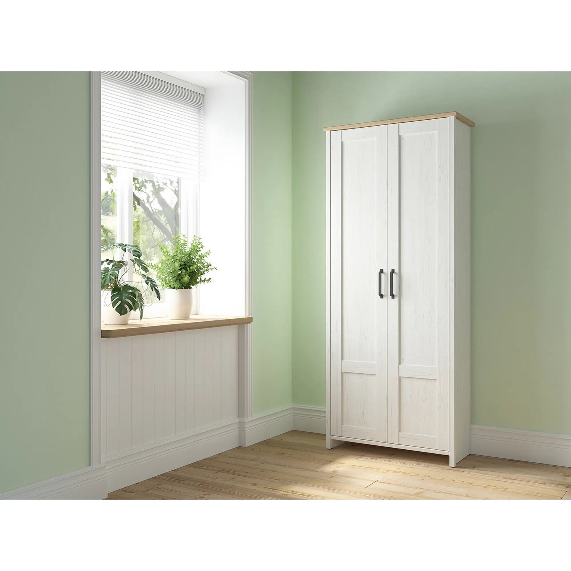 Dulap LOKSA, alb/stejar, PAL laminat, cu 2 usi, 102x57x201 cm