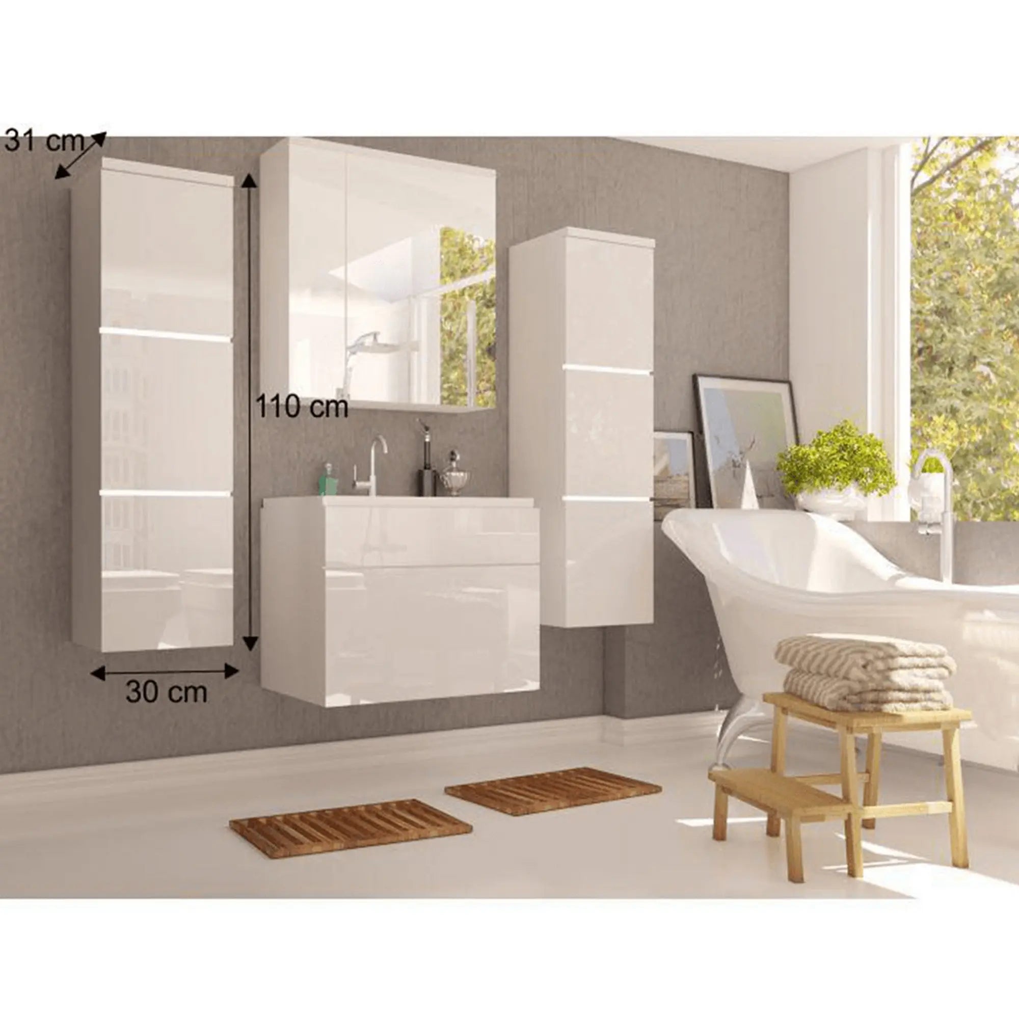 Dulap MASON BL 11, alb, DTD laminat, cu 3 usi si iluminare LED, 30x31x110 cm