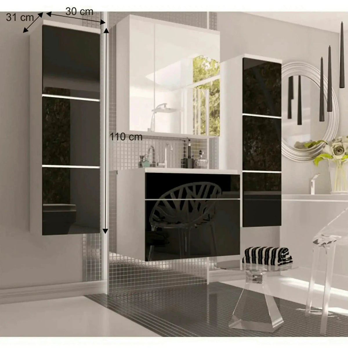 Dulap MASON BL 11, negru lucios/alb, DTD laminat, cu 3 usi si iluminare LED, 30x31x110 cm