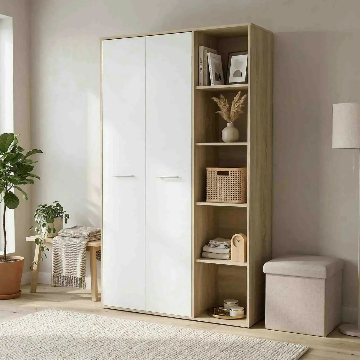 Dulap MAURUS NEW MA52, stejar sonoma/alb, PAL melaminat, cu 2 usi, 111x34x181 cm