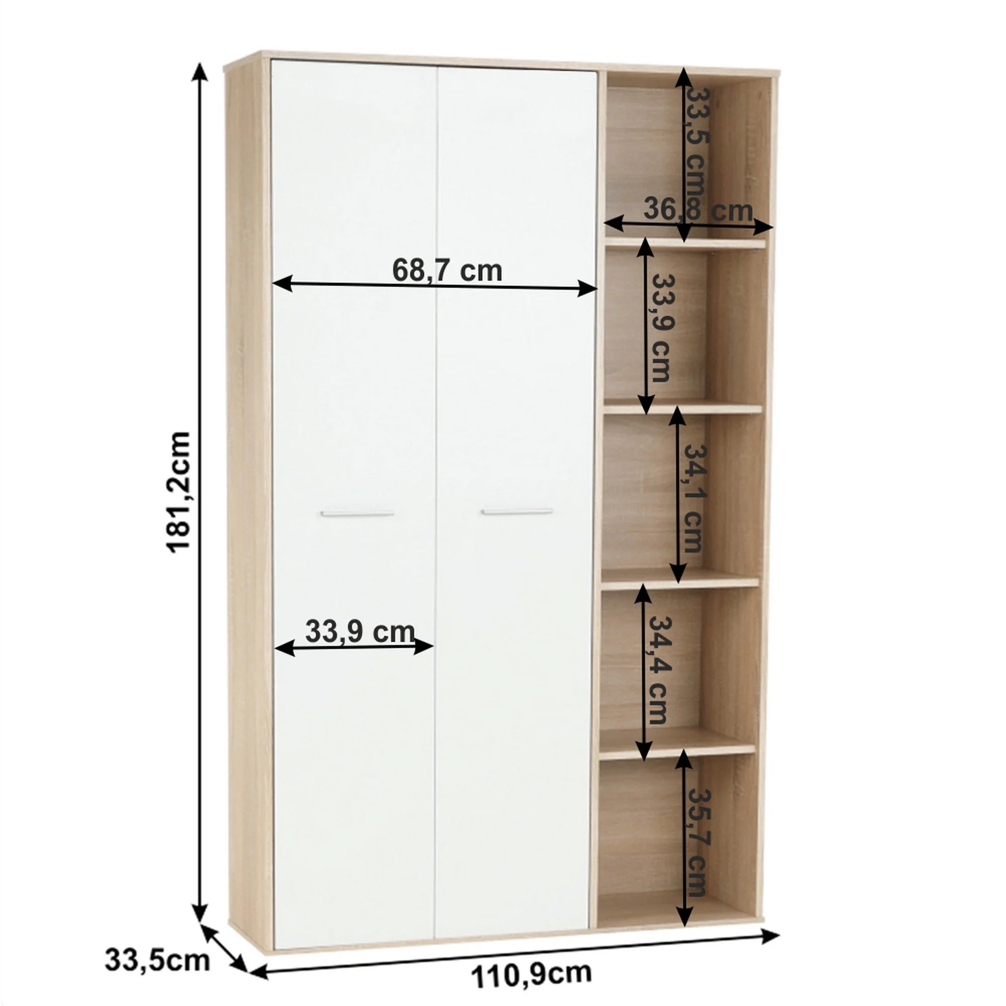 Dulap MAURUS NEW MA52, stejar sonoma/alb, PAL melaminat, cu 2 usi, 111x34x181 cm