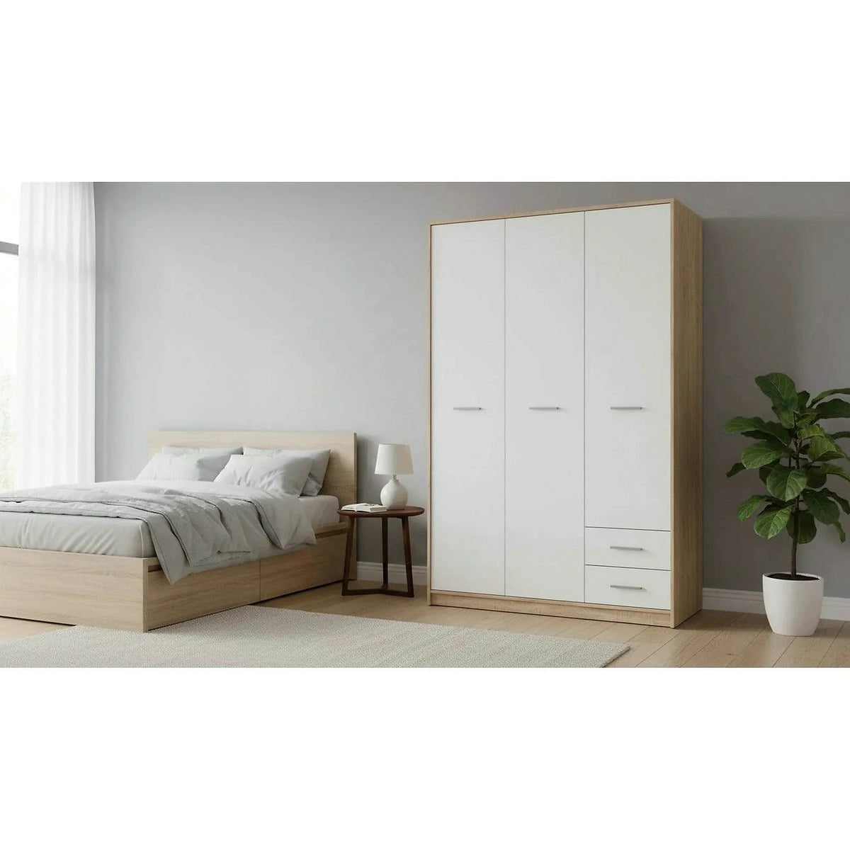 Dulap NEPO PLUS, alb/stejar sonoma, PAL, cu 3 usi si 2 sertare, 119x55x197 cm