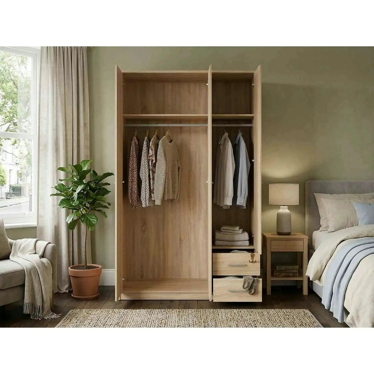 Dulap NEPO PLUS, stejar sonoma, PAL, cu 3 usi si 2 sertare, 119x55x197 cm