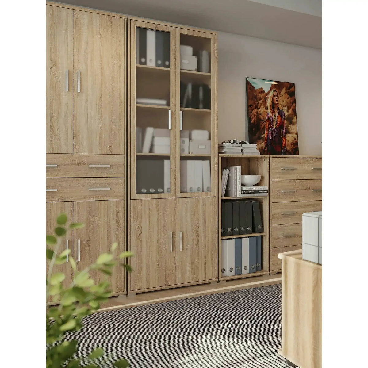 Dulap OFFICE LINE, stejar sonoma, PAL, cu 4 usi si 2 sertare, 79x35x221 cm