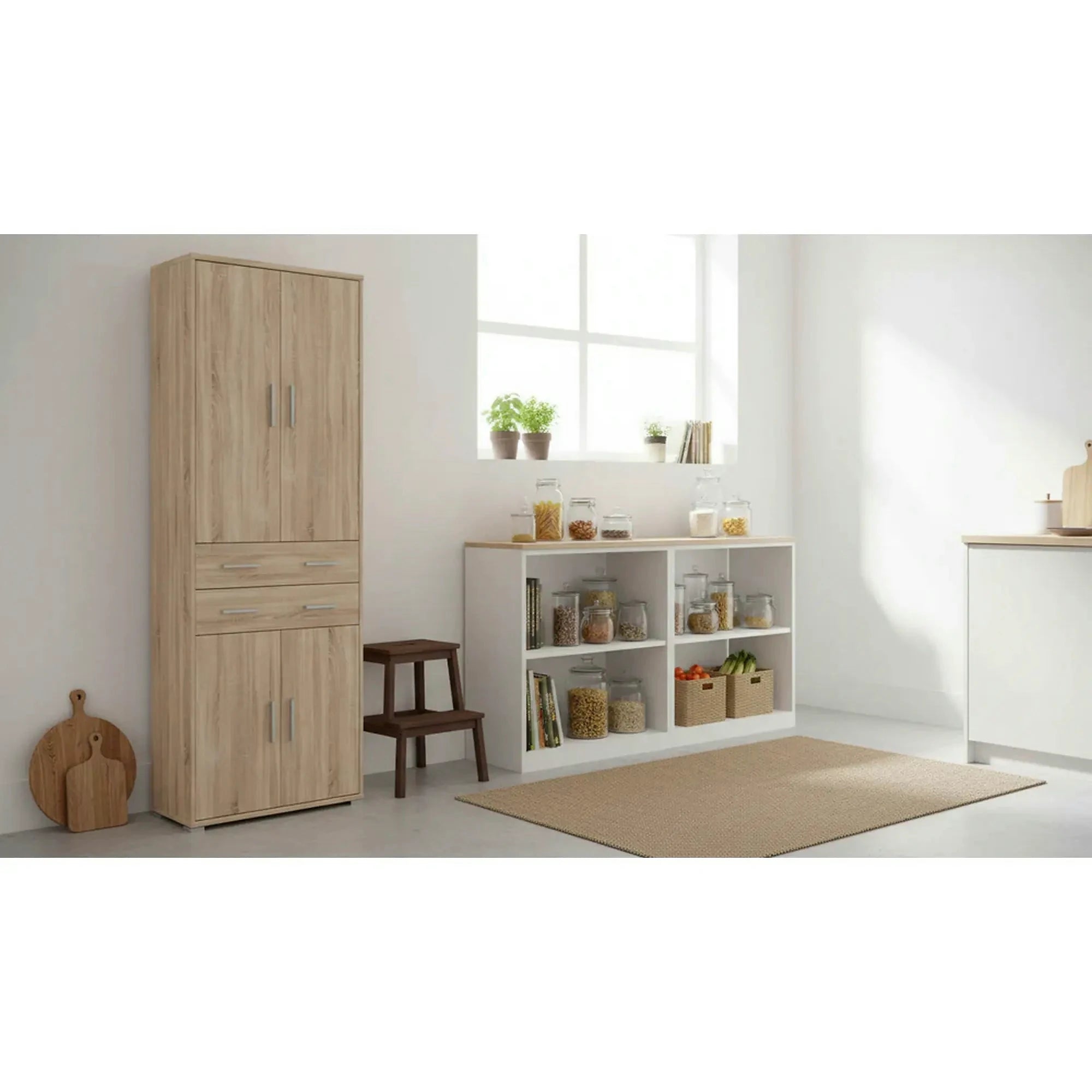 Dulap OFFICE, stejar sonoma, PAL laminat, cu 4 usi si 2 sertare, 79x35x221 cm