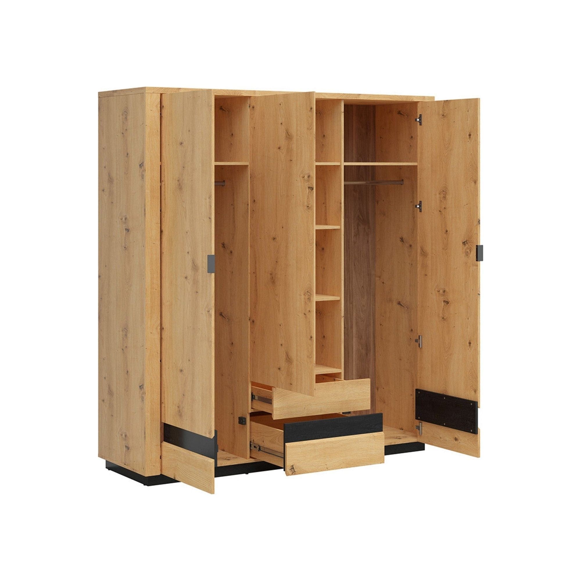 Dulap OSTIA, stejar artisan/negru, PAL, cu 3 usi si 2 sertare, 181x56x199 cm
