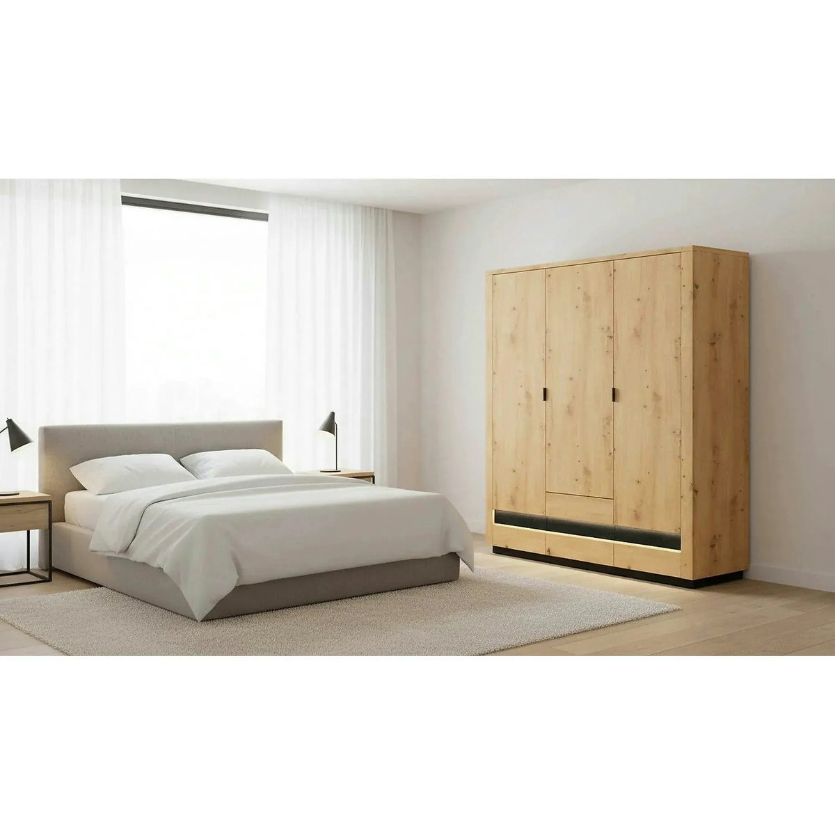 Dulap OSTIA, stejar artisan/negru, PAL, cu 3 usi si 2 sertare, 181x56x199 cm