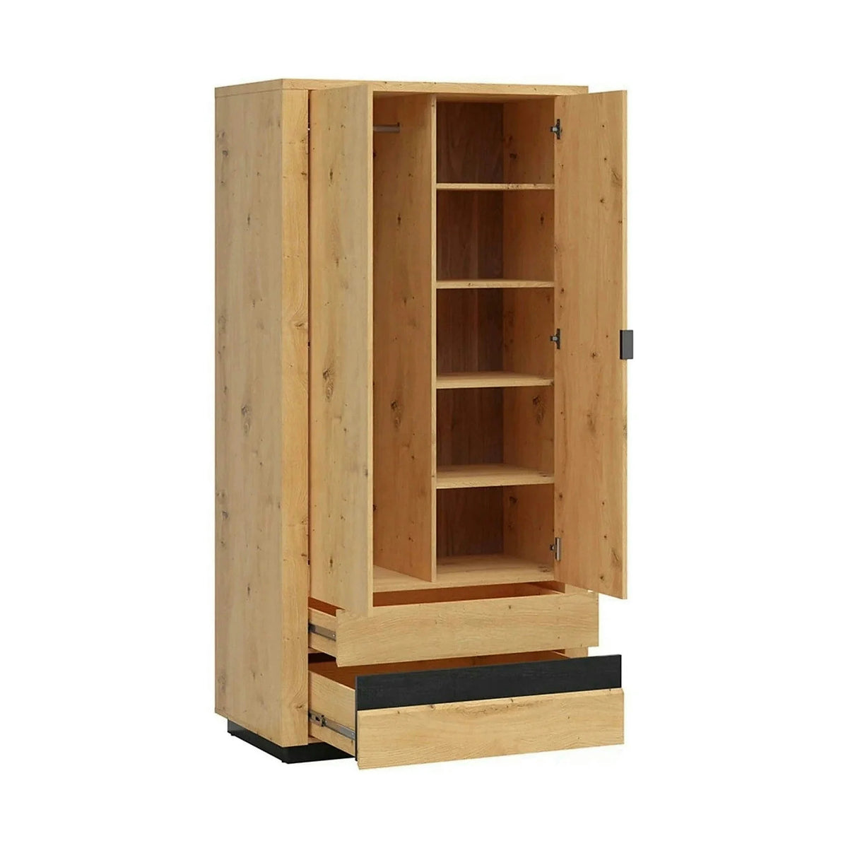 Dulap OSTIA, stejar artizan/negru, PAL, cu 2 usi si 2 sertare, 101x56x199 cm