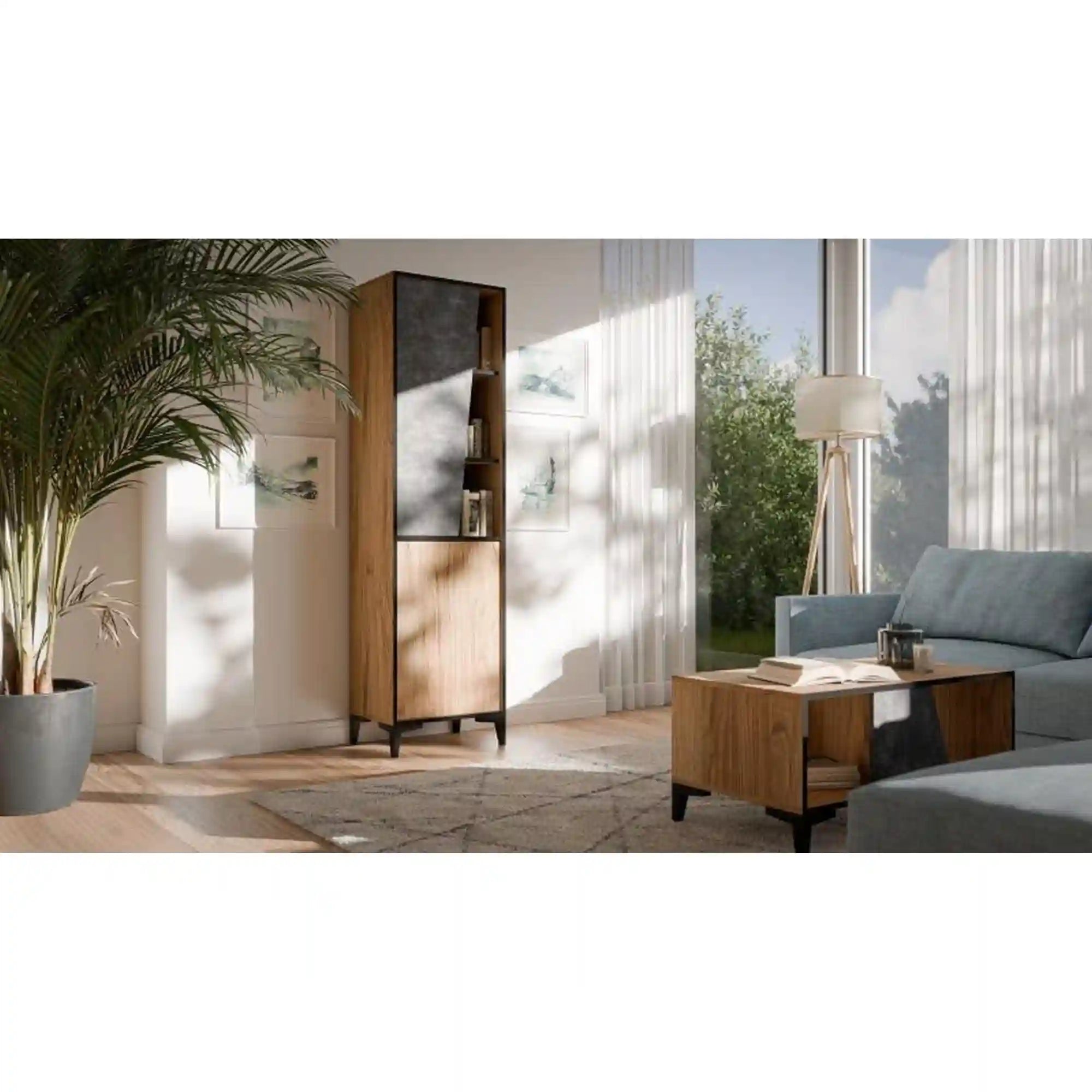 Dulap OVO, stejar/gri beton, PAL laminat, cu 2 usi, 50x38x182 cm