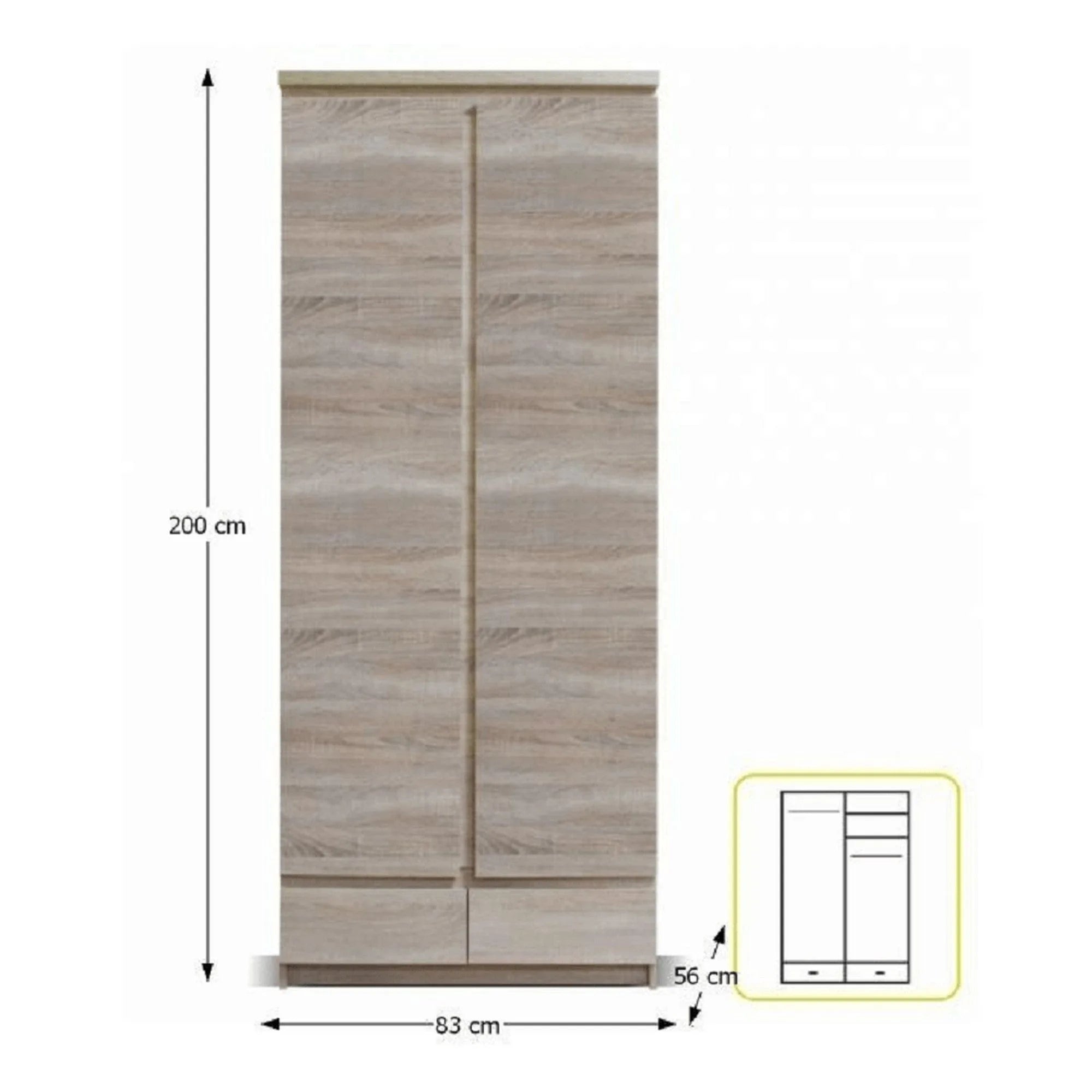 Dulap PANAMA TYP 01, stejar sonoma, PAL laminat, cu 2 usi si 2 sertare, 83x56x200 cm