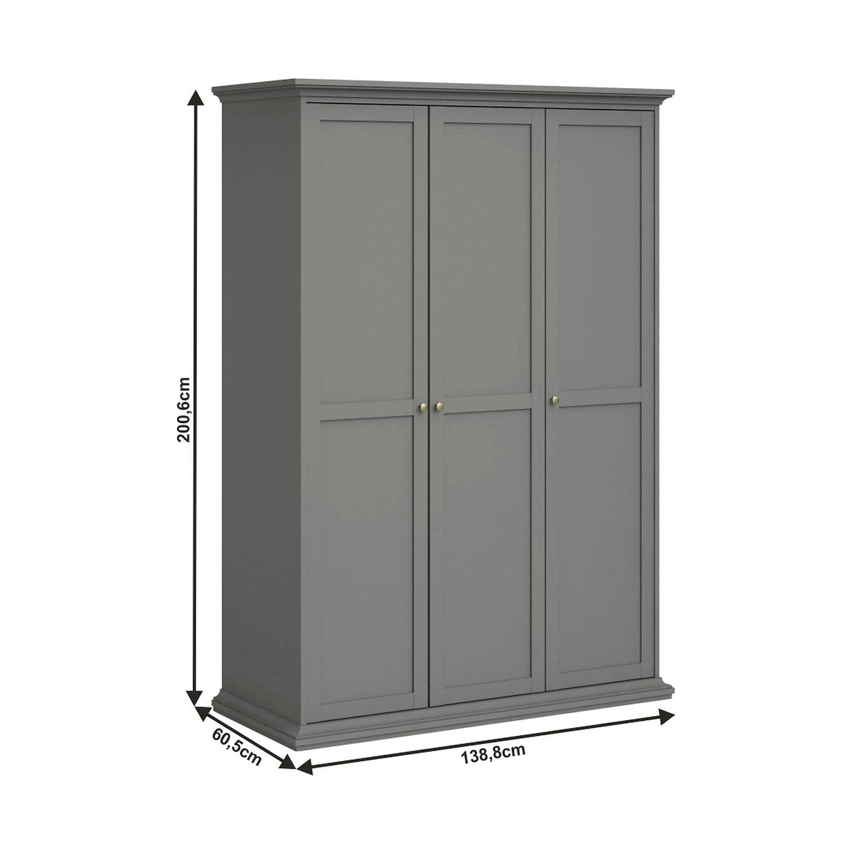 Dulap PARIS, gri, PAL laminat, cu 3 usi, 139x61x201 cm