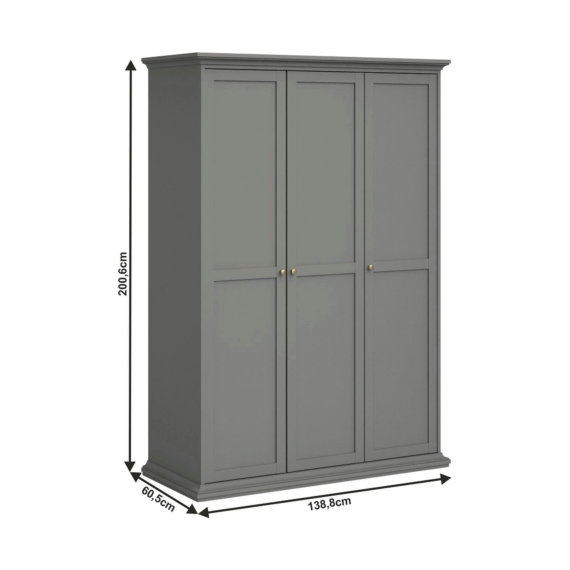 Dulap PARIS, gri, PAL laminat, cu 3 usi, 139x61x201 cm